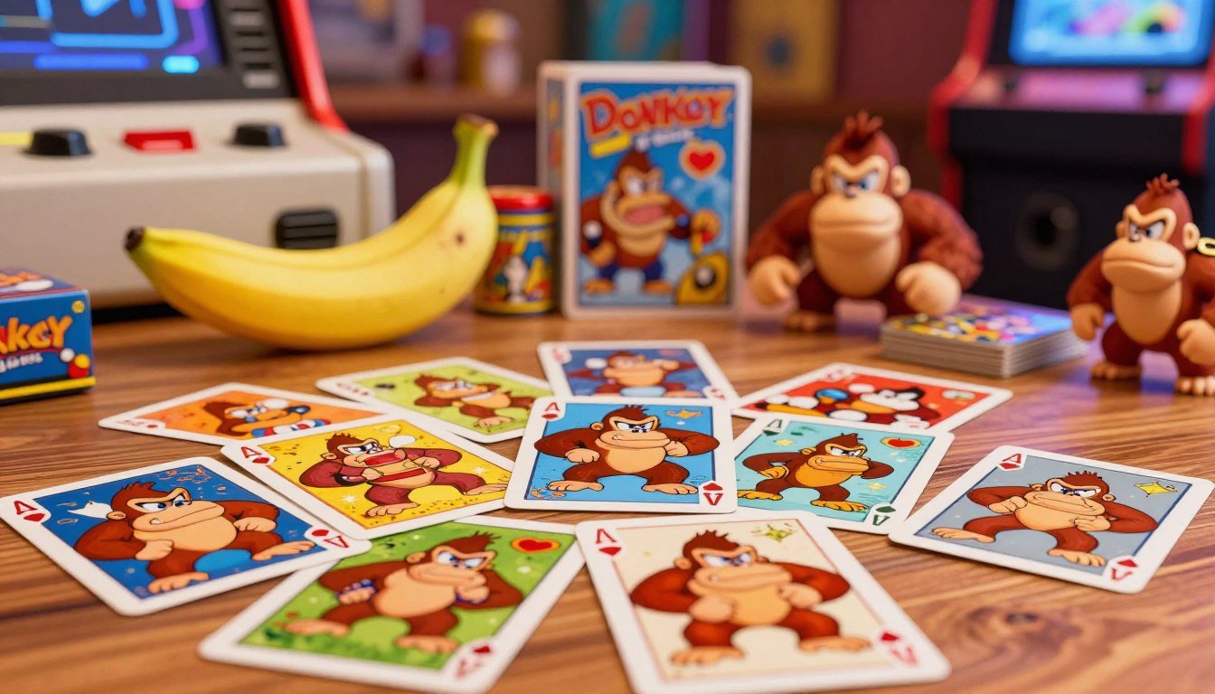 Cartas colecionáveis coloridas ilustradas com um gorila marrom espalhadas sobre uma mesa de madeira. Ao fundo, compondo o cenário, há uma banana amarela, pequenas figuras em miniatura de gorilas, uma caixa decorada e máquinas de fliperama clássicas desfocadas. A fotografia de itens nostálgicos da família Donkey Kong ilustra o artigo Família Kong Explicada: Quem É Quem em Donkey Kong?