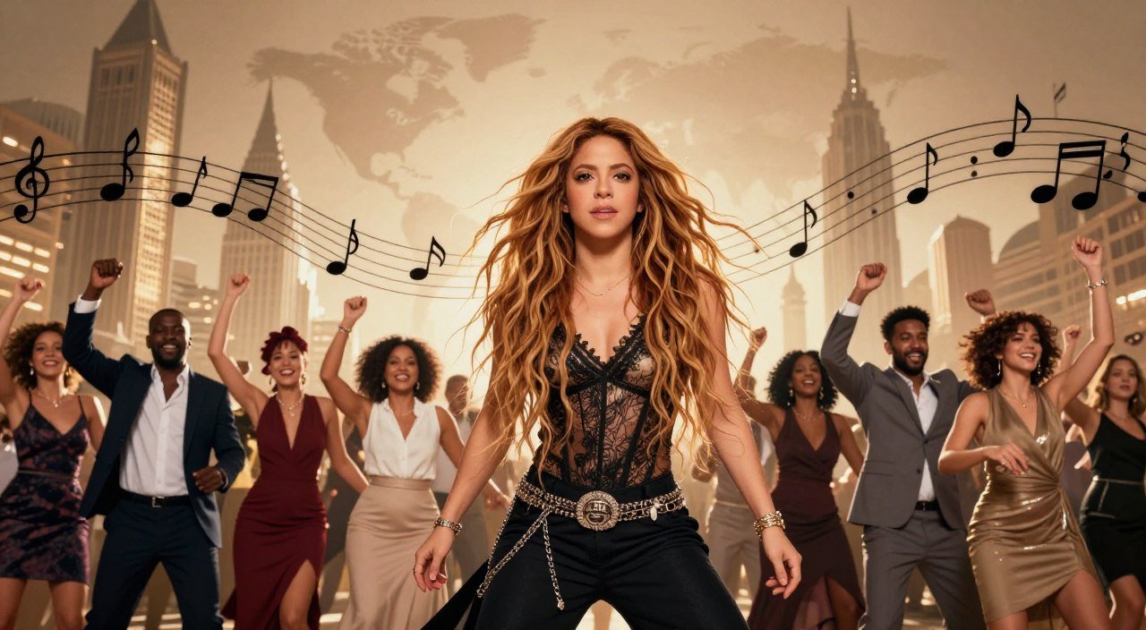 Shakira em destaque vestindo um top de renda preta, cercada por um grupo elegante e diversificado de pessoas celebrando com os braços erguidos. Ao fundo, arranha-céus de uma grande cidade, um mapa-múndi e notas musicais flutuando no céu. A arte visual ilustra a união global para o artigo Músicas da Shakira Sobre Superação que Viraram Hits.
