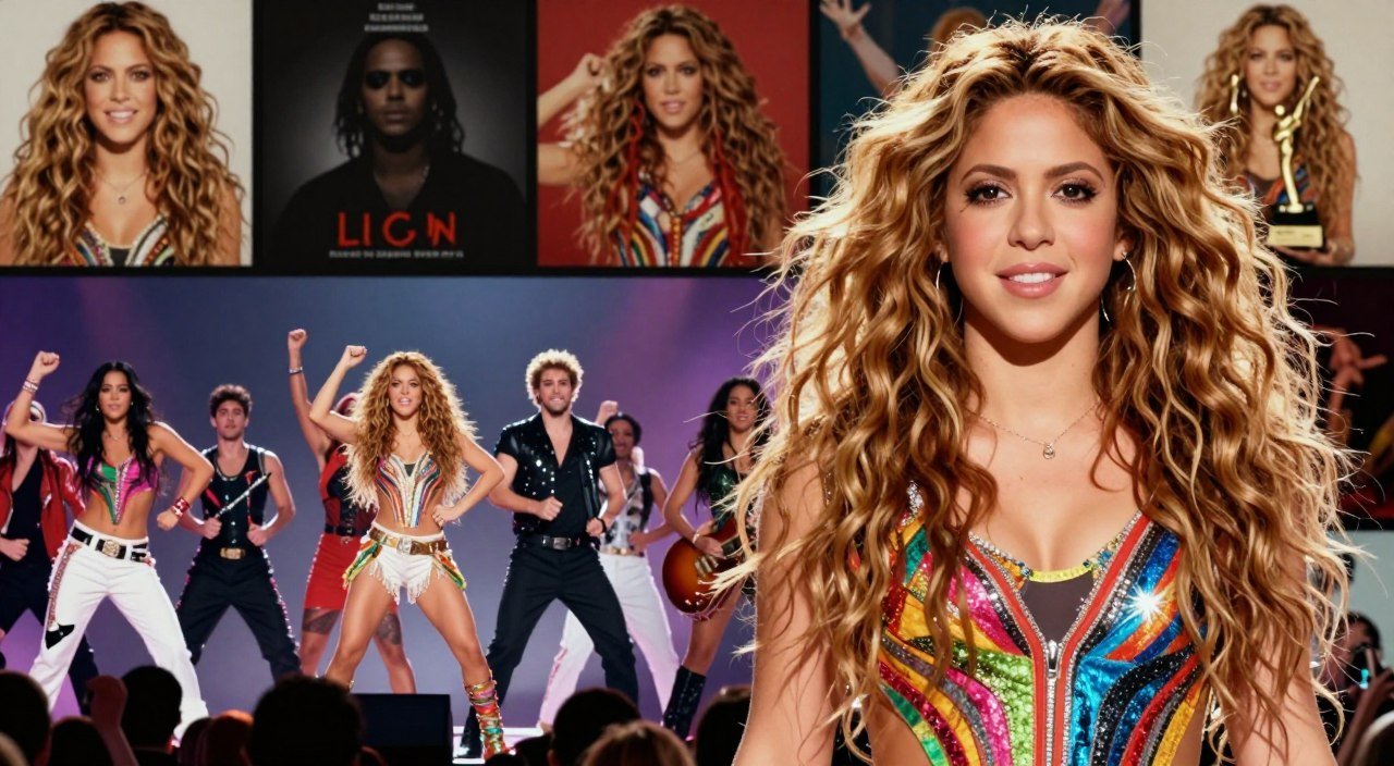 A vibrant collage illustrating Shakira's iconic moments in pop music, showcasing her dynamic performances and influential style. In the foreground, depict Shakira in a stylish, colorful outfit, exuding charisma, with her signature curly hair flowing. The middle layer should feature imagery of her on stage, surrounded by energetic dancers and lively musicians, capturing the excitement of her live performances. In the background, include subtle silhouettes of famous album covers and music awards, symbolizing her achievements and contributions to the industry. The overall lighting is bright and celebratory, with warm tones to evoke a sense of joy and nostalgia. The atmosphere should be lively and inspiring, reflecting her impact on Latin pop culture.