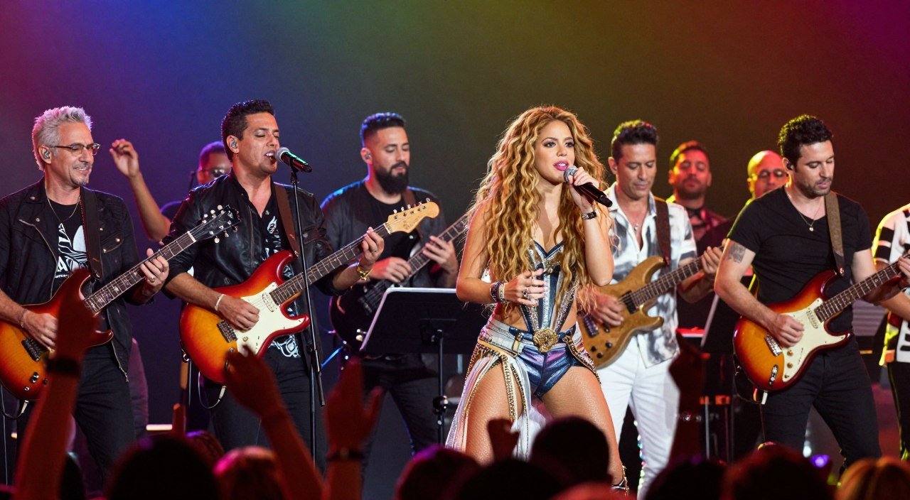 A vibrant concert scene showcasing Shakira performing on stage, surrounded by a diverse group of musicians collaborating in an electrifying atmosphere. In the foreground, Shakira is wearing a stunning, stylish outfit, exuding confidence and passion as she sings. The middle ground features talented artists playing various instruments, creating a harmonious blend of sound. The background is illuminated by colorful stage lights, casting a dynamic glow over the crowd, which is dancing and celebrating the music. Capture the energy with a dynamic angle that emphasizes the excitement of the performance, using bright and warm lighting to evoke a joyful mood. The overall atmosphere should reflect the thrilling essence of Shakira's memorable collaborations and duets without any text or signatures. Shakira cantando ao vivo no microfone, vestindo um figurino metálico brilhante, ladeada por sua banda com vários guitarristas no palco. A cena de show iluminada por luzes coloridas com as silhuetas do público vibrando em primeiro plano ilustra o artigo As 10 Melhores Músicas da Shakira Que Definiram a Carreira.