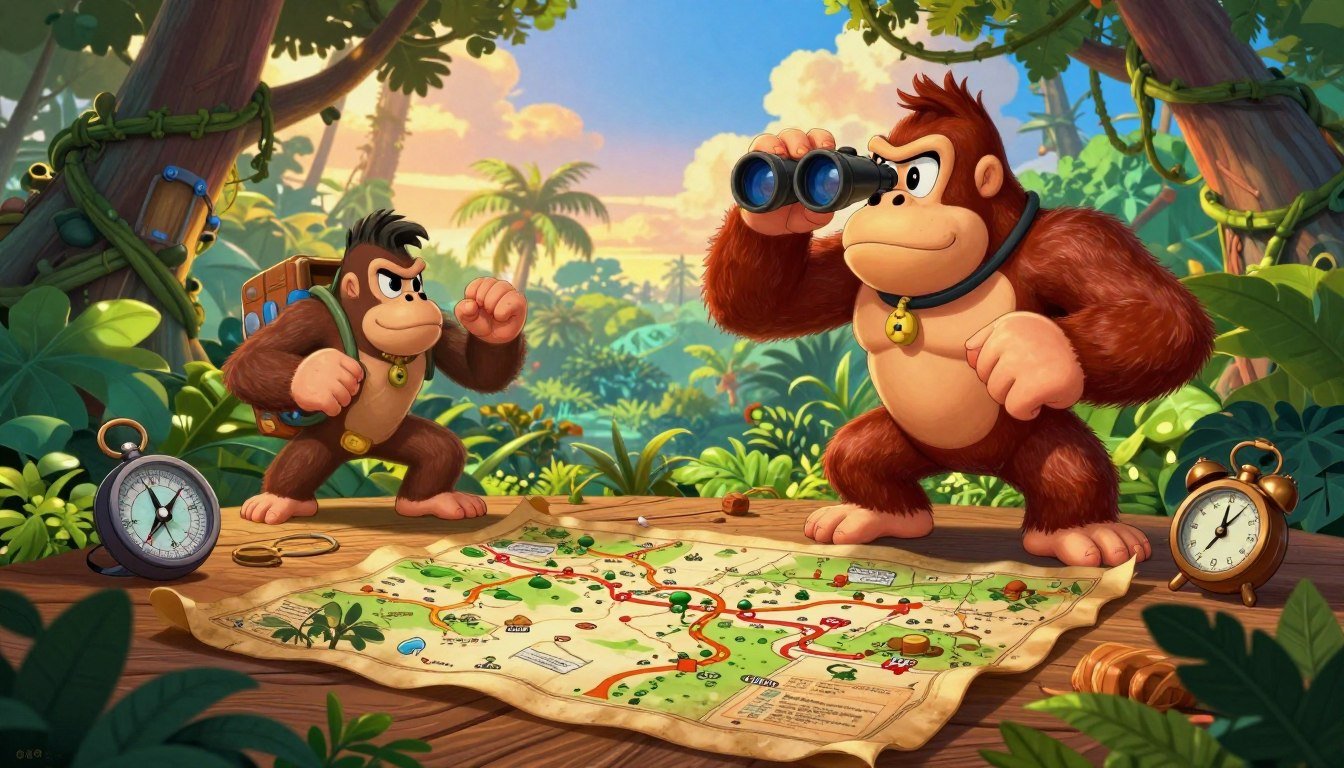 A vibrant, detailed illustration of a jungle environment inspired by Donkey Kong Country, featuring lush, green foliage and intricate vines. In the foreground, a well-worn treasure map is spread out on a wooden table, showcasing marked paths and hidden shortcuts. Set amidst the dense trees, iconic characters like Donkey Kong and Diddy are depicted in a playful, exploratory pose, equipped with gadgets such as a compass and binoculars to emphasize their readiness for adventure. The background is a tropical sky at golden hour, casting a warm glow over the scene, creating a sense of excitement and exploration. The overall atmosphere should be adventurous and inviting, perfect for enticing gamers to embark on their quest for hidden secrets. Ilustração de Donkey Kong e Diddy Kong na selva examinando um mapa do tesouro, destacando o guia de como achar todos os atalhos e segredos do jogo.