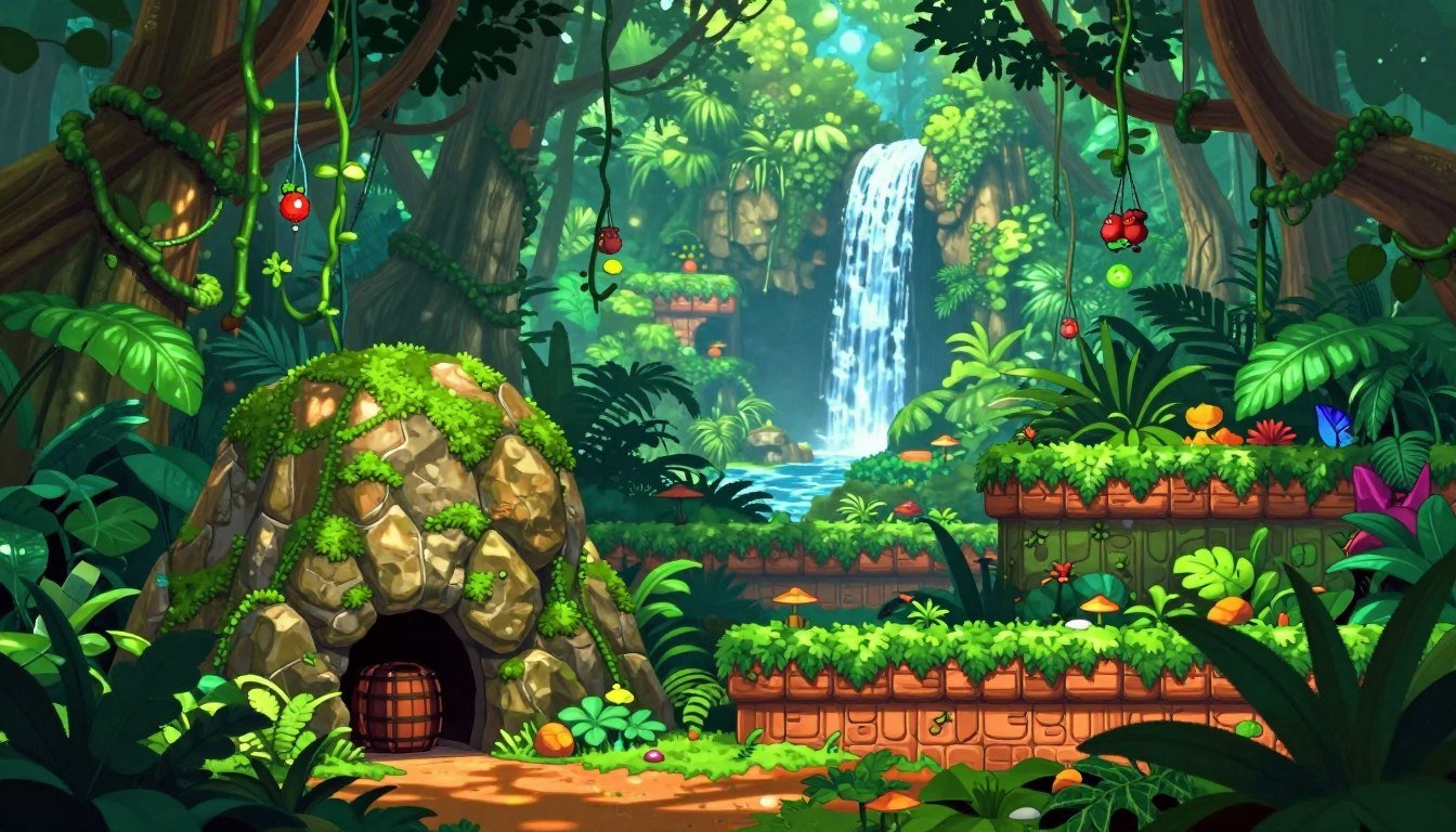 A vibrant, detailed scene from the classic video game "Donkey Kong Country," focusing on secret pathways and hidden areas within a lush jungle environment. In the foreground, a detailed depiction of a moss-covered rock with a subtle hint of a hidden barrel entrance, illuminated by soft, dappled sunlight filtering through the dense canopy above. The middle ground features iconic elements like swinging vines and tropical flora that create an immersive atmosphere, inviting exploration. In the background, a distant view of a cascading waterfall adds depth, accentuating the adventure theme. The overall mood is one of mystery and excitement, capturing the essence of discovering secret levels in the game, with bright, colorful hues emphasizing the enchanting forest setting. Cenário de selva com um barril escondido atrás de uma rocha com musgo, ilustrando a exploração de passagens secretas e atalhos em Donkey Kong Country.