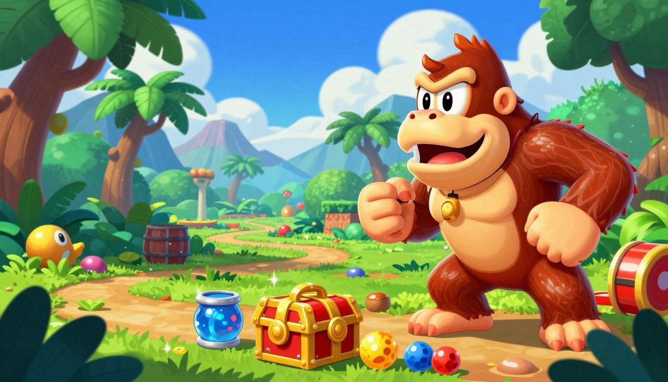 A vibrant digital illustration showcasing the secret phases of Donkey Kong Country. In the foreground, a collection of unique treasure items and collectibles from the game, glimmering under playful lighting. In the middle ground, a lush, cartoonish jungle setting featuring iconic elements like tropical trees, hidden paths, and barrels, inviting exploration. The background should have a dynamic cloud-filled sky with hints of distant mountains, adding depth and adventure. The atmosphere conveys excitement and discovery, ideal for gamers eager to uncover every hidden secret. Capture a sense of motion as if secrets await just around the corner, encouraging viewers to delve deeper into the world of Donkey Kong. Use bright, saturated colors and a slightly tilted perspective for added drama. Tesouros brilhantes e barris escondidos em uma selva tropical, ilustrando a busca pelas fases secretas e itens colecionáveis em Donkey Kong Country.