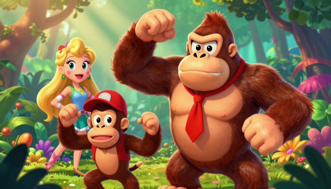 Gorila marrom grande com gravata vermelha e braço erguido no centro da imagem. Ao seu lado esquerdo, um macaco menor usando boné e colete vermelhos. Atrás deles, uma garota loira sorridente vestindo blusa azul. O cenário de fundo exibe uma floresta tropical vibrante, iluminada por raios de sol passando entre folhas verdes e flores coloridas. A ilustração digital ilustra o artigo Família Kong Explicada: Quem É Quem em Donkey Kong?