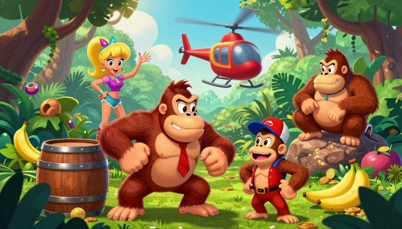 Gorila marrom com gravata vermelha e um macaco menor de boné e roupa vermelha no centro. À esquerda, uma garota loira em pé atrás de um barril de madeira. À direita, um segundo gorila marrom sentado em uma pedra. O cenário de floresta verde exibe bananas amarelas, moedas douradas espalhadas pelo chão e um pequeno helicóptero vermelho voando ao fundo. A ilustração digital da família Donkey Kong ilustra o artigo Família Kong Explicada: Quem É Quem em Donkey Kong?