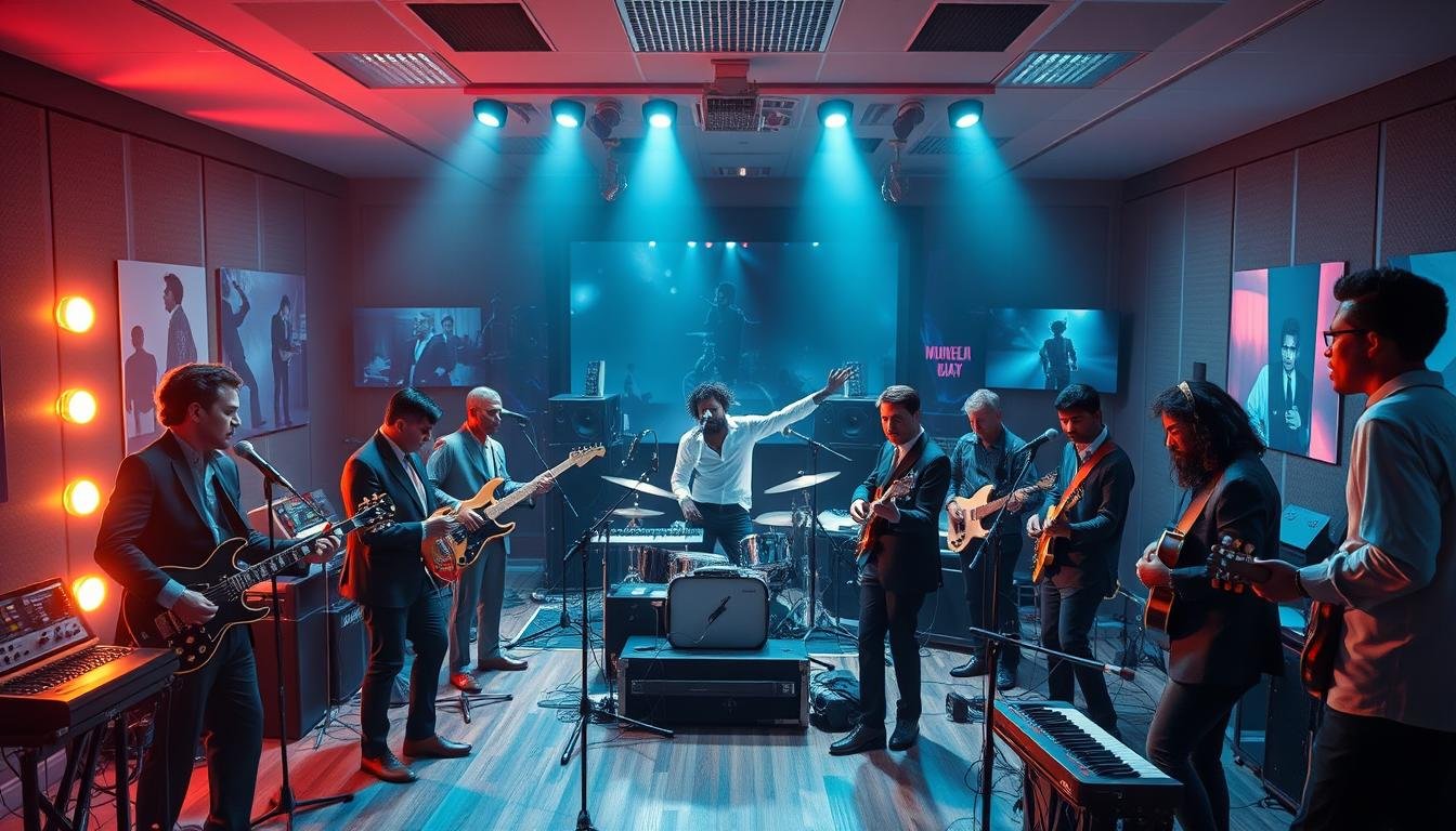 A vibrant scene reflecting Michael Jackson's musical innovations set in a modern recording studio. In the foreground, a diverse group of musicians, dressed in professional business attire, are engaged in creating music, with instruments like guitars, keyboards, and microphones around them. In the middle, high-tech sound equipment and visual displays showcasing evolving music trends are prominently featured. The background reveals iconic imagery associated with Michael Jackson, such as a silhouette of him performing the moonwalk and elements symbolizing his groundbreaking music videos. The atmosphere is dynamic and inspiring, illuminated by soft cinematic lighting that highlights the creativity in the air. The image is captured with an 8k DSLR lens for extreme photorealism, emphasizing the detailed expressions of collaboration and innovation in music. Banda com músicos vestidos em trajes sociais tocando guitarras elétricas, teclados e cantando em um estúdio de gravação amplo. O ambiente possui equipamentos de som modernos e é iluminado por holofotes cinematográficos azuis e luzes vermelhas. Ao fundo, monitores exibem silhuetas de um artista dançando. A cena de produção musical ilustra o artigo O Legado de Michael Jackson: O Guia Definitivo do Rei do Pop.