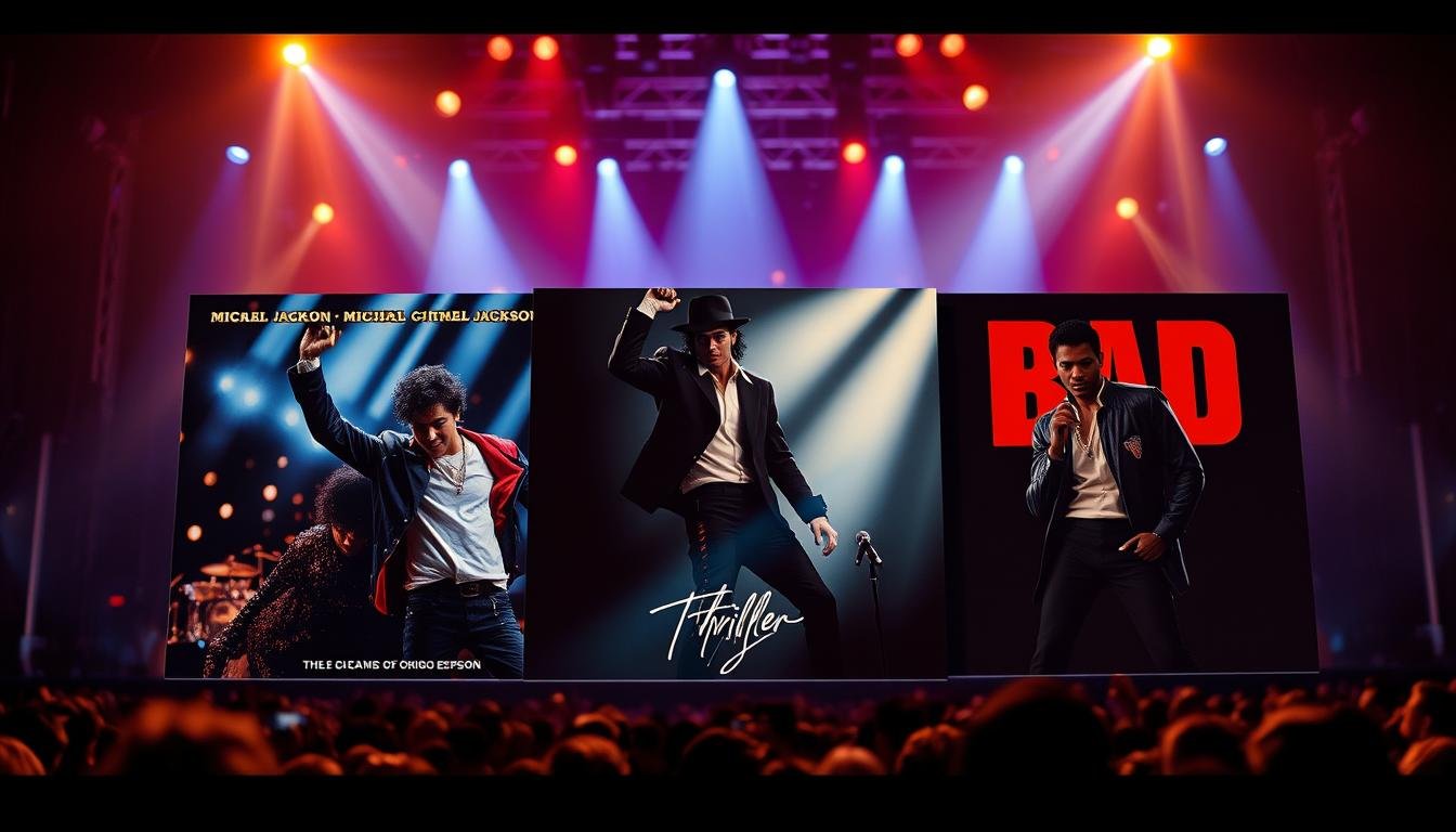 A visually striking and dynamic composition showcasing the album covers of Michael Jackson's "Off the Wall," "Thriller," and "Bad" side by side, demonstrating his visual evolution as the King of Pop. Each album cover should be rendered in exquisite detail, with the iconic elements clearly visible: the energetic disco vibe of "Off the Wall," the haunting imagery of "Thriller," and the bold, edgy aesthetics of "Bad." The foreground should feature these covers prominently, layered against a softly blurred background of a concert stage, bathed in cinematic lighting that enhances the mood of celebration and nostalgia. The scene should evoke a sense of admiration and excitement, captured in ultra-high-definition 8k realism, creating a captivating visual experience. Ensure no text or logos are present. Exposição de três capas de álbuns de Michael Jackson lado a lado: "Off the Wall", "Thriller" e "Bad", em formato de vinil sobre uma mesa de madeira. O fundo é um palco de show desfocado com iluminação de palco colorida. A imagem ilustra O Legado de Michael Jackson: O Guia Definitivo do Rei do Pop.