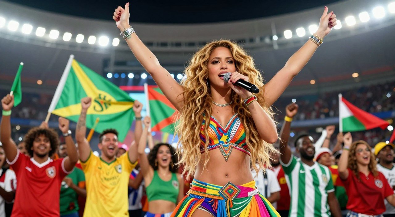 Shakira stands passionately on a vibrant stage, full of energy as she performs "Waka Waka" at the World Cup. She is dressed in a colorful, stylish outfit that reflects her Latin roots, with intricate patterns and bright colors that catch the light. In the foreground, focus on her expressive face and dynamic pose—arms raised in excitement while singing into a microphone. The middle ground features an enthusiastic crowd waving flags, painted bodies, and wearing soccer jerseys, capturing their joy and spirit. In the background, lights dazzle from the stage, and the blurred outlines of a grand stadium hint at a worldwide audience. The atmosphere is electric, radiating celebration and unity, with a warm, bright lighting that enhances the festive mood. Shakira stands passionately on a vibrant stage, full of energy as she performs "Waka Waka" at the World Cup. She is dressed in a colorful, stylish outfit that reflects her Latin roots, with intricate patterns and bright colors that catch the light. In the foreground, focus on her expressive face and dynamic pose—arms raised in excitement while singing into a microphone. The middle ground features an enthusiastic crowd waving flags, painted bodies, and wearing soccer jerseys, capturing their joy and spirit. In the background, lights dazzle from the stage, and the blurred outlines of a grand stadium hint at a worldwide audience. The atmosphere is electric, radiating celebration and unity, with a warm, bright lighting that enhances the festive mood.