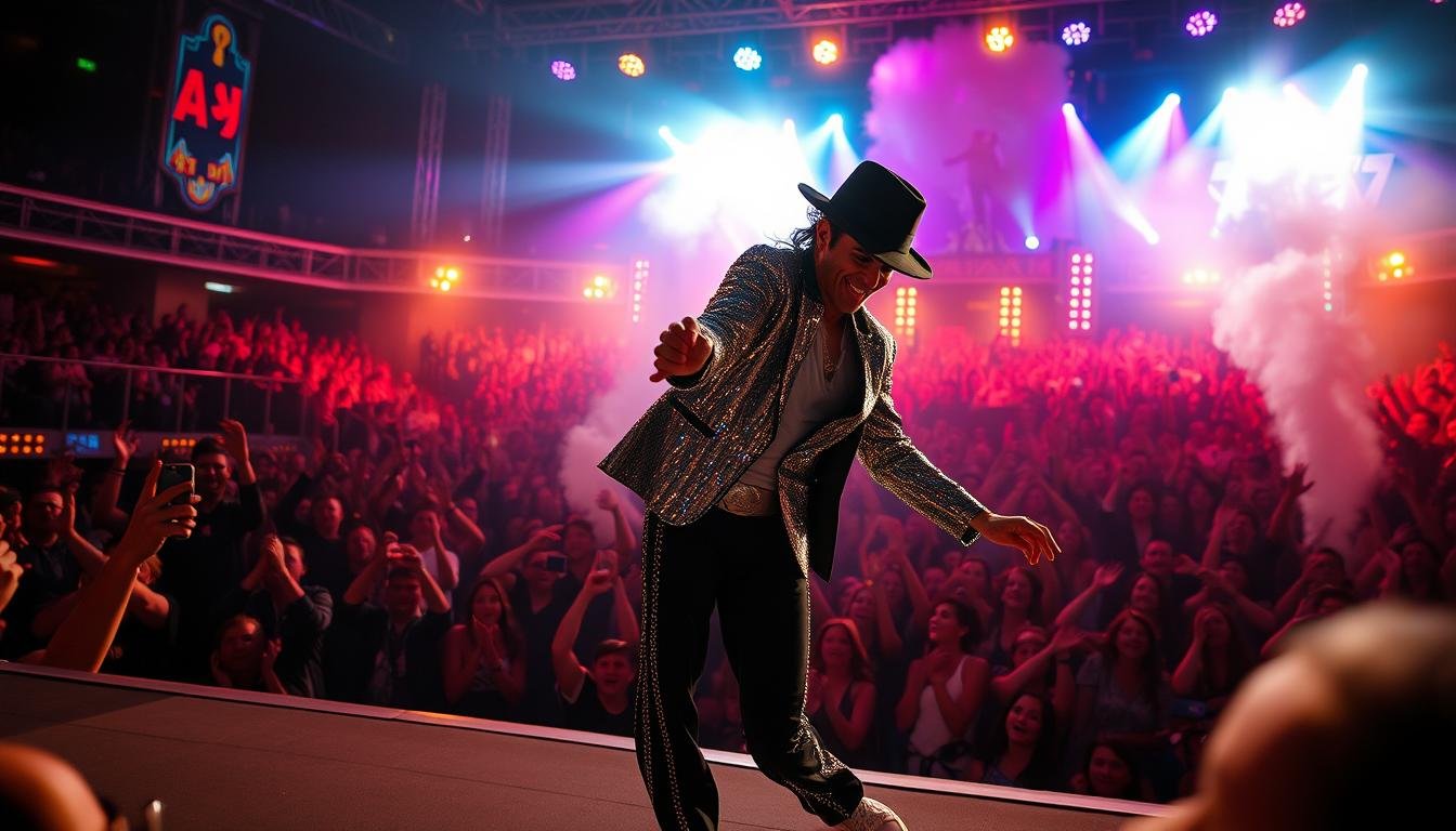 Homem sorridente no palco vestindo jaqueta prateada brilhante, chapéu escuro e calça preta, posicionado em um passo de dança giratório. Ao fundo, uma grande plateia com os braços erguidos é iluminada por holofotes coloridos em tons de rosa, azul e amarelo, em meio à fumaça de efeito. A fotografia de show ao vivo ilustra o artigo Os 7 Passos de Dança de Michael Jackson que Desafiaram a Gravidade.