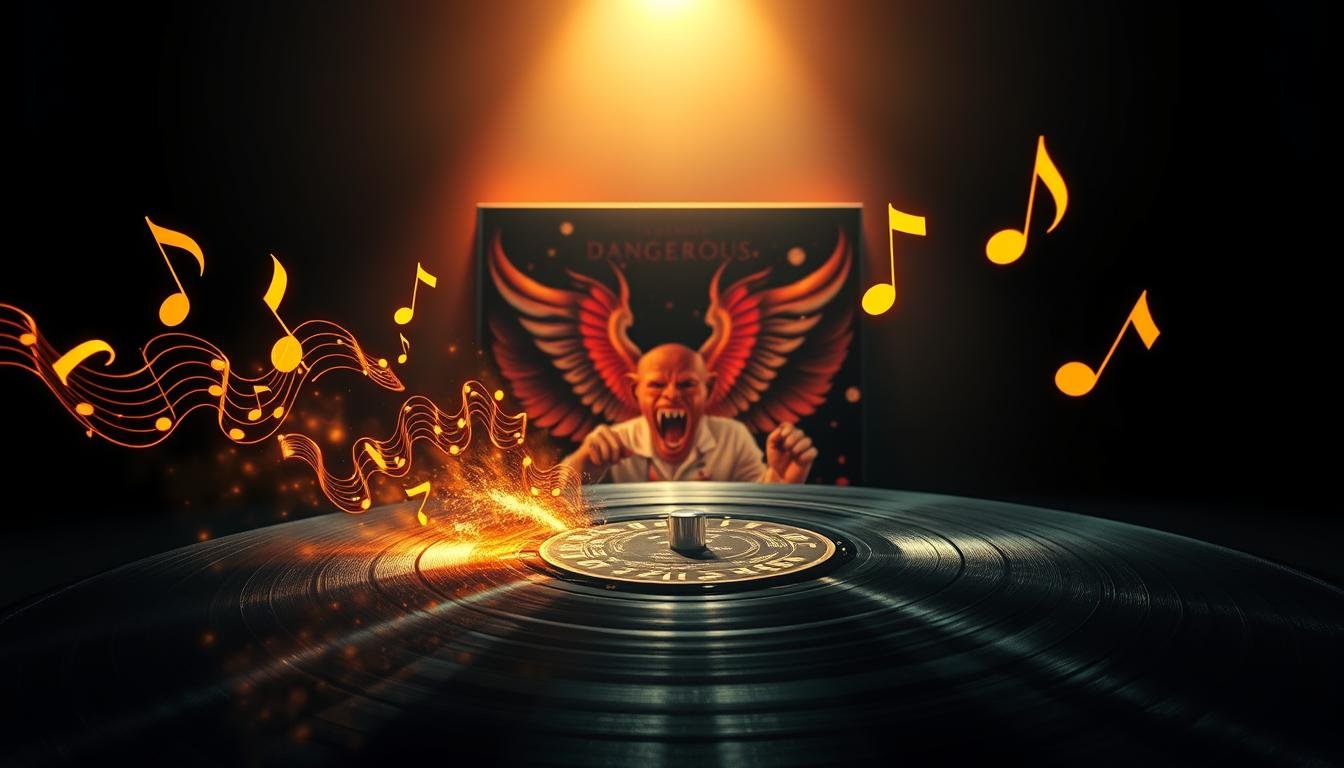 Disco de vinil preto girando no centro da imagem com reflexos dourados e faíscas, acompanhado por notas musicais laranjas brilhantes flutuando ao seu redor. Ao fundo, sob a luz de um holofote direcional, há um quadro exibindo uma ilustração artística de uma figura com asas em tons vibrantes de vermelho e laranja. A composição visual de estúdio ilustra o artigo Muito Além de Thriller: A Genialidade Oculta no Álbum Dangerous.