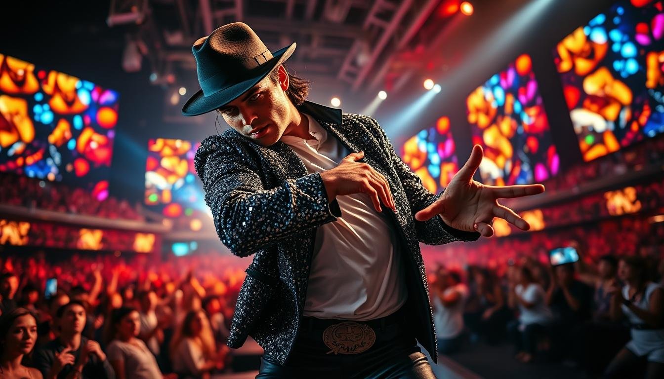 Homem no centro do palco vestindo chapéu escuro, jaqueta preta de lantejoulas, camisa branca e calça escura com cinto grande. Ele faz uma pose de dança inclinada, com uma mão apoiada próxima ao cinto e a outra estendida para frente. Ao fundo, uma grande plateia acompanha o show sob painéis de LED exibindo formas abstratas coloridas. A cena artística de palco ilustra o artigo Os 7 Passos de Dança de Michael Jackson que Desafiaram a Gravidade.