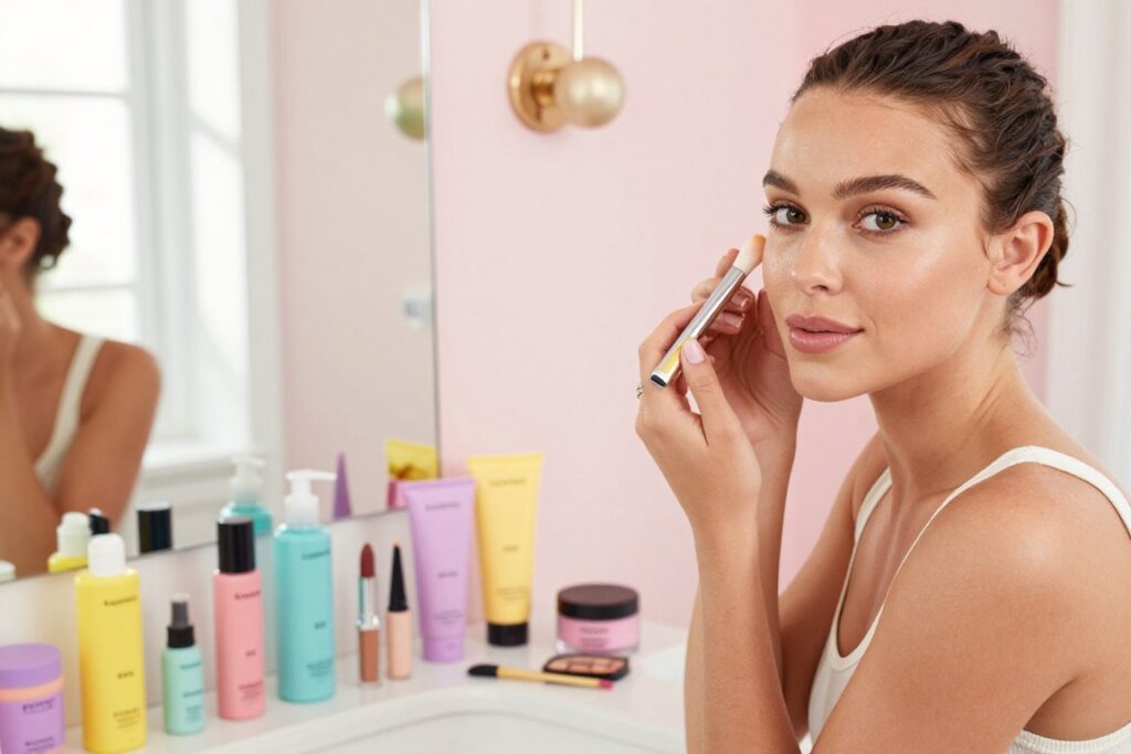 A beautifully styled woman inspired by Millie Bobby Brown stands in a bright, softly lit bathroom, showcasing an array of cruelty-free Florence by Mills makeup products elegantly placed on the vanity. The foreground features her flawless, radiant skin with subtle makeup application, emphasizing natural beauty. In the middle ground, the vanity displays colorful skincare and makeup items in chic, modern packaging, reflecting the brand’s youthful aesthetic. The background consists of pastel-colored walls adorned with simple, tasteful decor and soft, natural light streaming in through a window, creating a fresh and inviting atmosphere. The overall mood is vibrant yet serene, highlighting a step-by-step beauty routine focused on achieving glowing skin. Capture the scene from a slightly elevated angle to emphasize both the subject and the products.