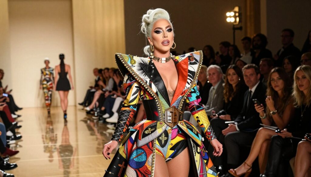 A captivating image of Lady Gaga showcasing an extravagant fashion-forward look, emphasizing her unique style and connection with the LUAR brand. In the foreground, she stands confidently, adorned in a stunning and innovative outfit featuring bold colors, intricate patterns, and eye-catching accessories. Her makeup should be dramatic, enhancing her expressive features, while her hairstyle is avant-garde. In the middle ground, an elegant runway setting with soft lighting highlights her presence, featuring reflective surfaces and a chic audience in the background, dressed in fashionable, understated attire. The atmosphere should exude glamour and sophistication, with warm golden tones creating an inviting and celebratory mood. The composition should capture a slight low-angle perspective to accentuate her stature and the grandeur of the fashion scene.