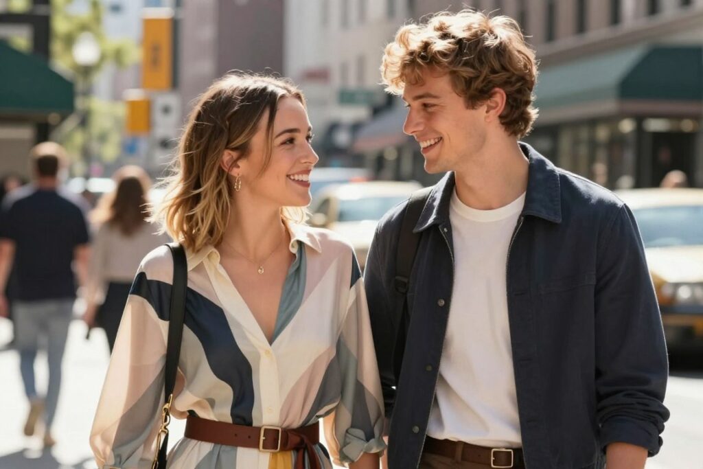 A charming and contemporary scene set in 2026, featuring Millie Bobby Brown and Louis Partridge in a vibrant urban setting. Millie is dressed in a stylish, modern design with elegant, flowing patterns and subtle colors, showcasing her new visual aesthetic. Louis complements her with a smart-casual outfit, expressing a relaxed yet polished look. They are enjoying a warm moment together, with genuine smiles that reflect their strong chemistry. The background features a lively cityscape, softly blurred to emphasize the subjects, with sunlight streaming in, creating a warm and inviting atmosphere. The image captures their youthful energy and the sense of a bright future ahead, shot from a slightly elevated angle to add depth.