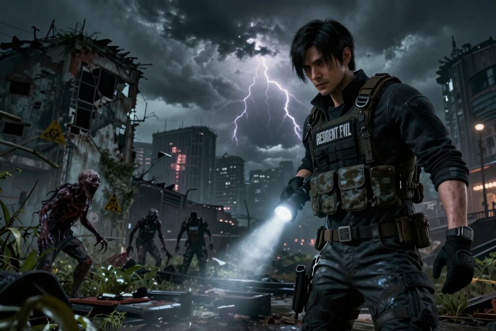 A cinematic scene showcasing the evolution of the Resident Evil franchise, blending elements from the latest games and films. In the foreground, a character dressed in tactical gear, reflecting a modern survivor, holds a flashlight casting a dramatic beam of light. In the middle ground, a partially destroyed urban landscape with remnants of biohazard elements, like mutated creatures and overgrown vegetation, conveys the tension of the series. The background features a dark, stormy sky illuminated by occasional lightning, suggesting impending chaos. The overall atmosphere is intense and suspenseful, with high contrast lighting to highlight key details, evoking a sense of anticipation and reflecting the impact of remakes and new developments in the narrative of Resident Evil. The angle is slightly low, enhancing the character's prominence and the looming threat in the environment.
