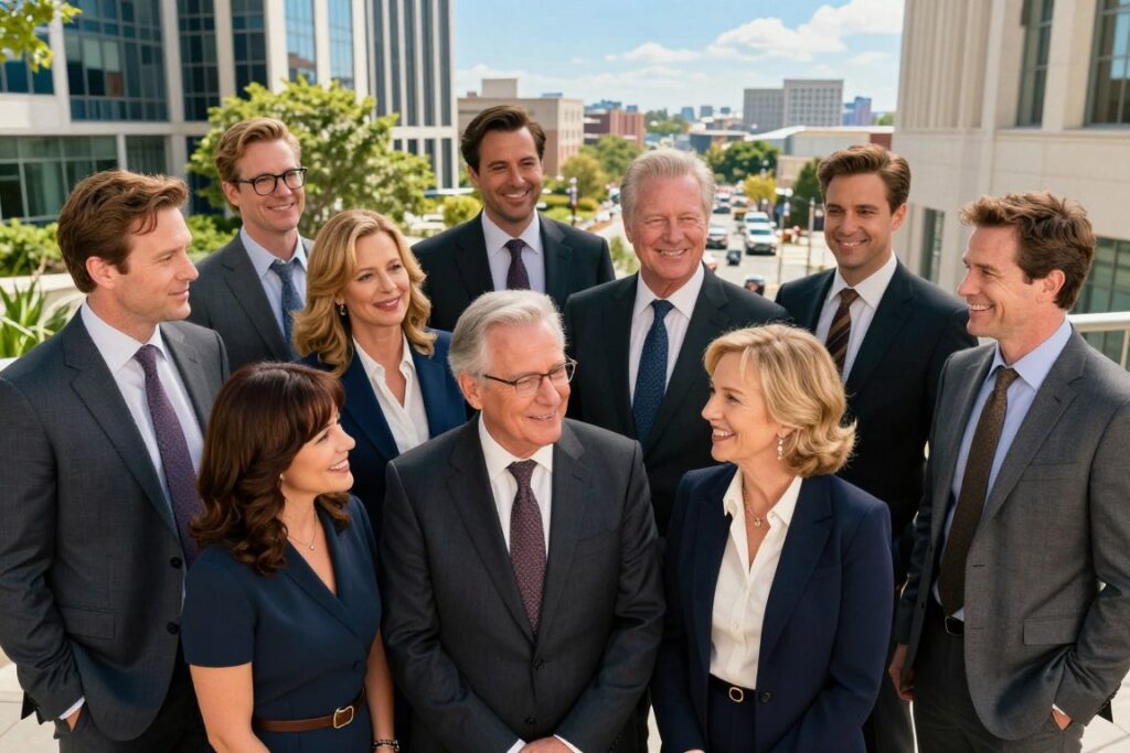 A contemporary group portrait of the main cast of "Smallville," dressed in professional business attire, showcasing their evolved looks in 2026. In the foreground, the actors are smiling and engaging with each other, exuding a sense of camaraderie and nostalgia. The middle ground features a stylish urban setting, with sleek buildings and greenery that reflect modern life. The background should include soft-focus elements like distant cityscapes under a bright blue sky. Use warm, natural lighting to create an inviting and uplifting atmosphere. Capture the scene from a slightly elevated angle, highlighting the connection and maturity of the cast as they embrace life beyond their iconic roles.