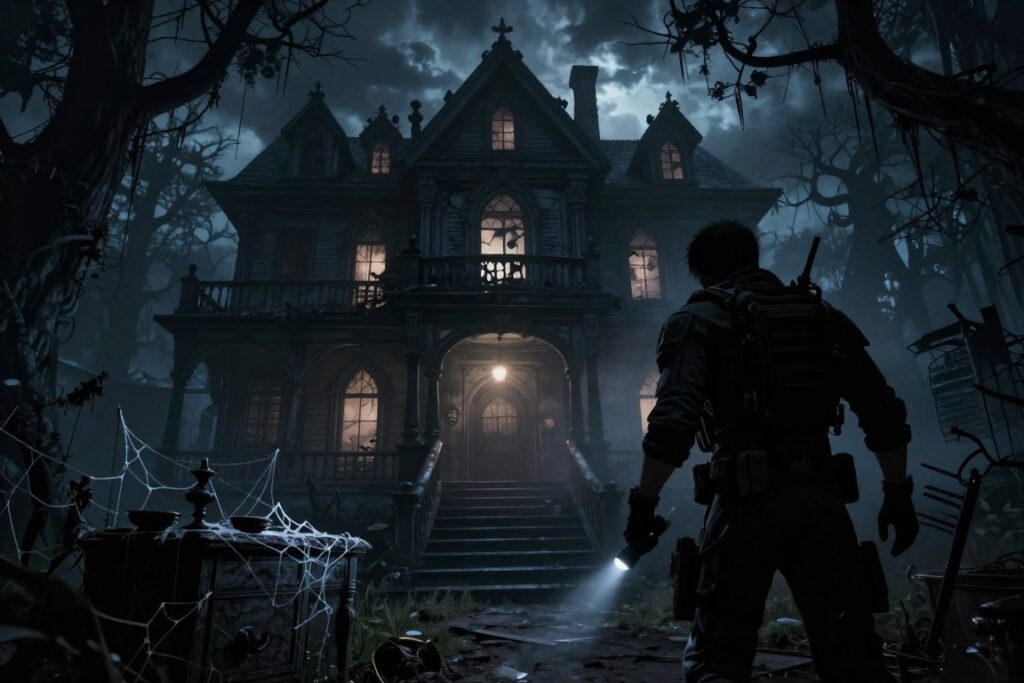 A dark and atmospheric scene depicting a haunted mansion inspired by the Resident Evil series. In the foreground, a shadowy silhouette of a figure in tactical gear, reminiscent of Leon Kennedy, holds a flashlight, illuminating eerie, cobweb-covered furniture. In the middle ground, a broken staircase leads to a dimly lit hallway, with flickering lights casting ghostly shadows. The background reveals ominous, twisted trees outside the mansion's cracked windows, under a stormy night sky filled with rolling clouds. The overall mood is tense and suspenseful, with a color palette of deep blues and grays, emphasizing a sense of mystery and fear. The scene is shot from a low angle, adding depth and drama to the composition, as though the viewer is witnessing a pivotal moment in the game.