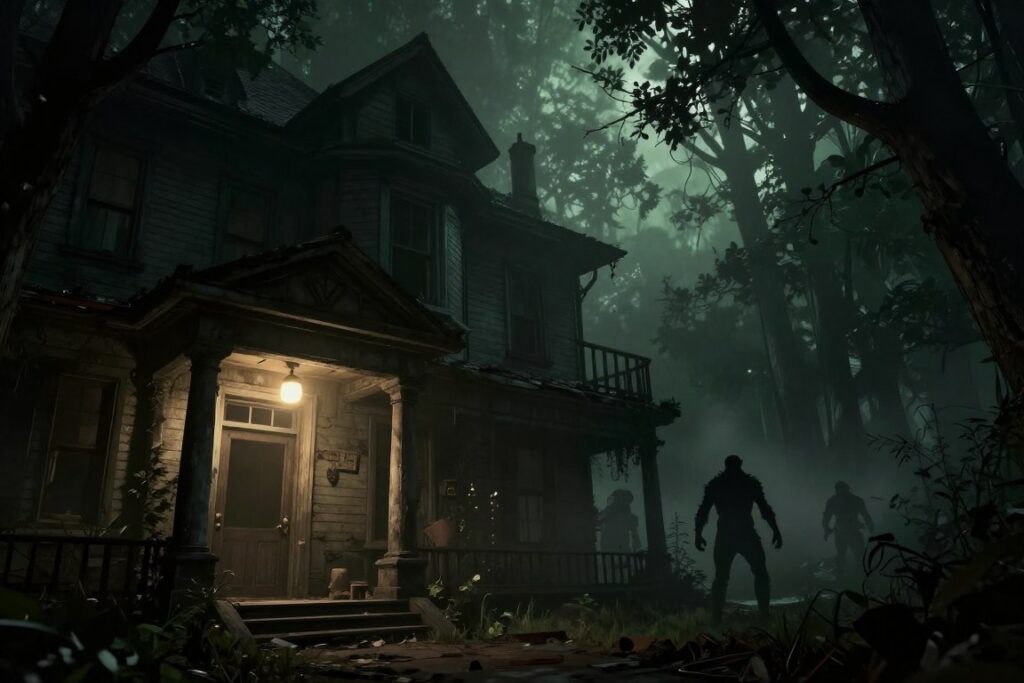 A dark and foreboding scene inspired by the Resident Evil franchise, featuring a dimly lit, abandoned mansion in the foreground. The entrance is illuminated by a flickering overhead light, casting eerie shadows that reveal signs of decay and a sense of danger. In the middle ground, silhouettes of iconic monsters lurk, partially obscured by mist, enhancing the tension and fear. The background is a hazy forest, with ominous trees that seem to watch over the scene, conveying a sense of isolation and dread. The overall atmosphere is tense and suspenseful, with a color palette of dark greens and muted browns, emphasized by dramatic lighting that creates deep contrasts, evoking the essence of survival horror. Capture the scene from a low-angle perspective to create a feeling of unease and urgency.