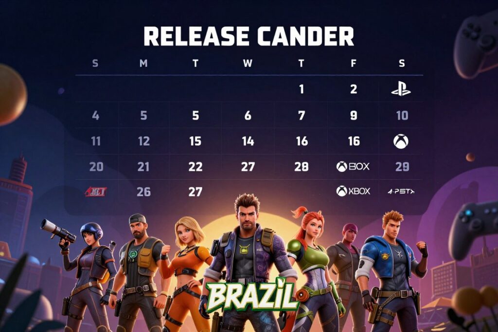 A detailed release calendar for video games, elegantly designed for Brazil, displayed prominently. In the foreground, vivid illustrations of popular game characters, standing beside their titles, creating a vibrant atmosphere. The middle layer showcases a sleek and modern calendar layout with specific release dates, platforms (such as PC, PlayStation, and Xbox), and digital storefront logos, all arranged in a visually pleasing manner. The background features abstract shapes and patterns representing gaming, with soft, ambient lighting casting an engaging glow over the scene. The composition is dynamic and inviting, evoking excitement for upcoming releases without any text or watermarks. The overall mood is lively and anticipatory, setting the stage for gaming enthusiasts.