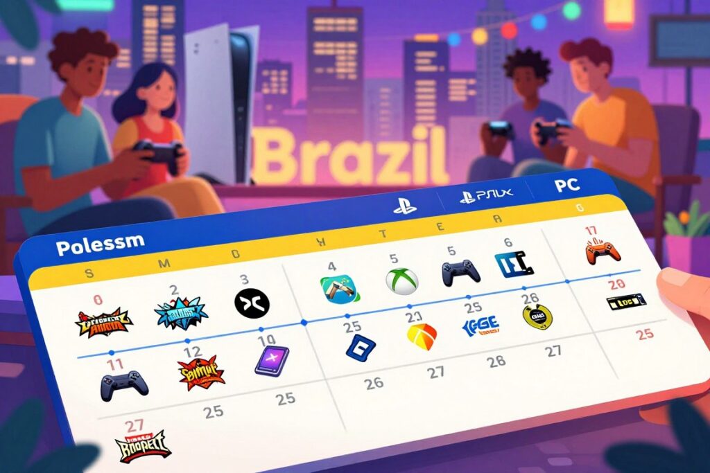 A digital illustration of a vibrant gaming release calendar tailored for Brazil, emphasizing notable game titles for this year. In the foreground, display a stylish layout of dates with game icons, creating an engaging visual timeline. The middle section should include various gaming platforms represented through their logos, such as PlayStation, Xbox, and PC. In the background, depict a lively Brazilian city skyline, with a festive atmosphere featuring colorful lights and people in casual clothing enjoying gaming together. Employ bright, upbeat colors and soft, ambient lighting to evoke excitement and anticipation. The perspective should be slightly elevated, providing a comprehensive view of the calendar, while ensuring no text or logos appear other than game titles.