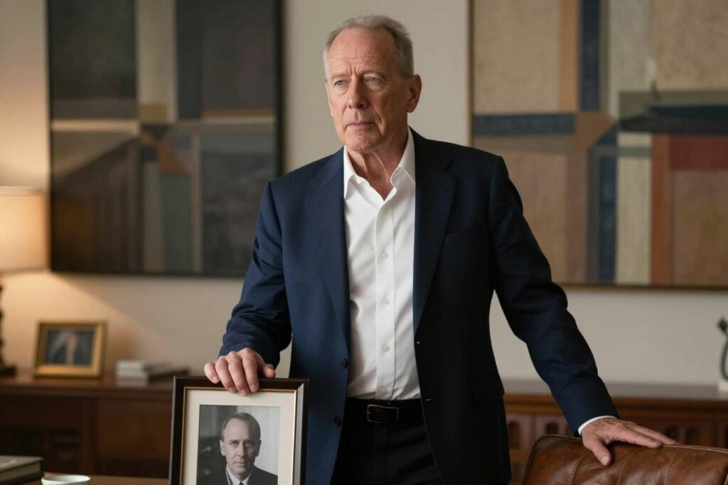 A dignified, older Bruce Willis, now 70 years old in 2026, stands thoughtfully in a softly lit room. He is dressed in a smart, casual navy blazer over a crisp white shirt, exuding a professional yet approachable vibe. His expression is one of introspection, reflecting the complexities of memory and perception associated with anosognosia. In the foreground, he holds a framed photograph, symbolizing lost memories, and his other hand rests contemplatively on a brown leather armchair. The background features blurred images of abstract art that suggest depth and emotional layers, conveying a sense of confusion and clarity intertwined. Gentle, warm lighting bathes the scene, creating an intimate atmosphere that draws the viewer into his world. The shot is taken at eye level, emphasizing connection and empathy.