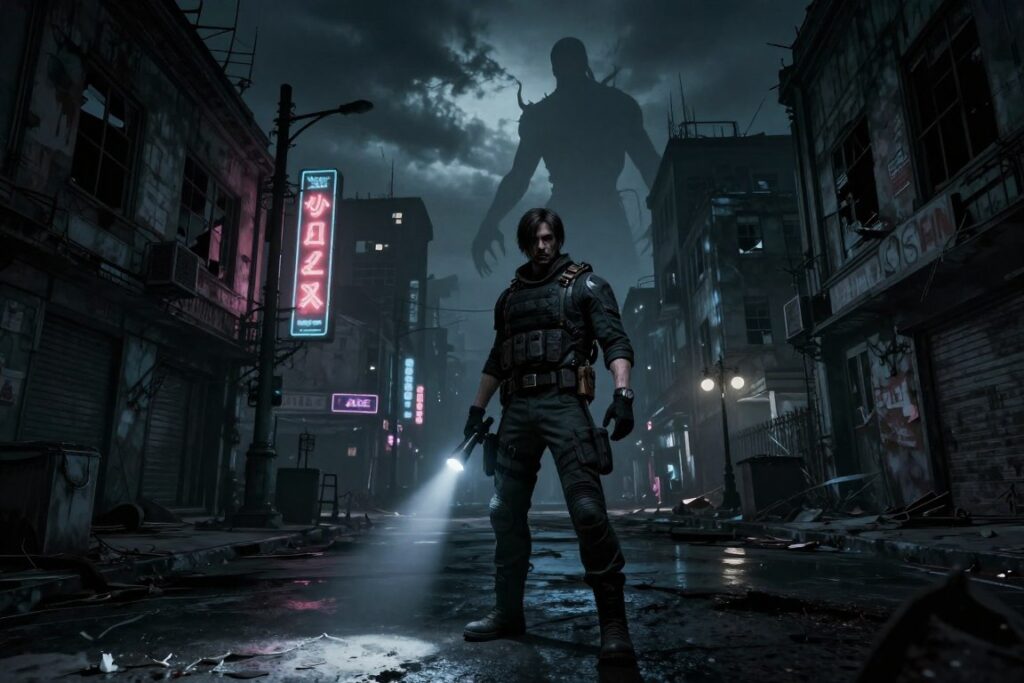A dimly lit, eerie urban environment evoking the essence of the Resident Evil franchise. In the foreground, a mysterious figure resembling a seasoned hero clad in tactical gear stands cautiously, holding a flashlight that casts shadows on the wet, cracked pavement. The middle ground features dilapidated buildings, with flickering neon signs and broken windows, suggesting a once-thriving city now overrun by bioweapons and zombies. In the background, a towering silhouette of a grotesque creature looms ominously under a dark, stormy sky, adding to the tension of the scene. The overall atmosphere is tense and foreboding, with a gritty color palette of deep blues and greys. Use dramatic highlights to enhance details in the lighting and employ a wide-angle perspective to capture the scale of the abandoned cityscape.
