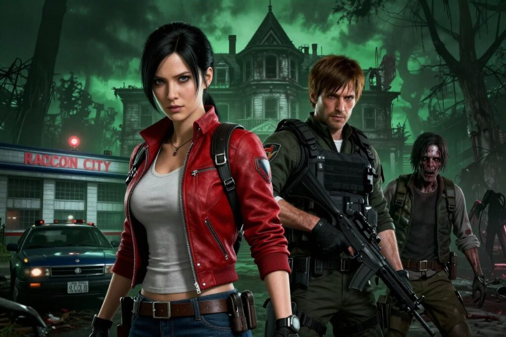 A dramatic collage showcasing the best and worst adaptations of Resident Evil. In the foreground, depict iconic characters such as a determined Claire Redfield with her trademark red jacket and Leon Kennedy in his tactical outfit, both ready for action. In the middle ground, include memorable locations like the Raccoon City Police Department and a creepy, overgrown mansion, bathed in an eerie greenish hue to evoke tension. The background should feature ominous shadows and hints of zombies lurking, adding an element of suspense. Use high-contrast lighting to highlight characters and settings. Capture a cinematic angle, giving a sense of depth and urgency, with a moody atmosphere reflecting the franchise's horror theme.