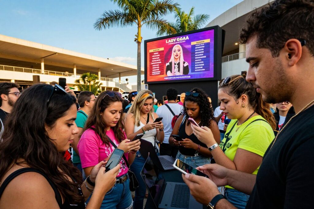 A dynamic and colorful scene depicting a bustling ticket sales event for Lady Gaga's upcoming concerts in Brazil. In the foreground, eager fans of diverse ages and ethnicities are gathered, holding their phones and laptops, intensely focused on purchasing tickets. Some wear stylish casual clothing with subtle hints of Gaga's iconic fashion flair—glittery accessories and vibrant colors. In the middle ground, a large digital display board showcases ticket information and excitement about the tour. The background features an outdoor venue with a modern design, surrounded by palm trees under a clear blue sky, hinting at a lively atmosphere. Warm, bright lighting enhances the energy of the scene, capturing the anticipation and excitement of fans gearing up for the ticket sale. The angle is slightly elevated to provide a wide view of the crowd and venue.