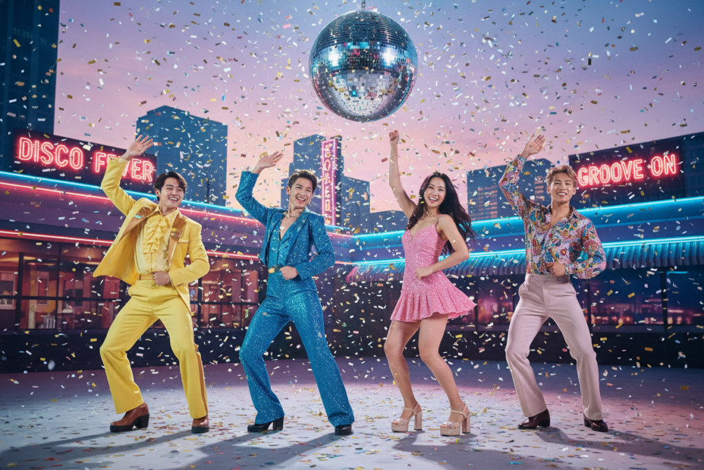 A dynamic and vibrant scene capturing the essence of the "Dynamite" choreography from BTS. In the foreground, a diverse group of five dancers, dressed in colorful retro-inspired outfits, strikes an energetic pose filled with joy and enthusiasm. The middle ground features a spinning disco ball reflecting shimmering lights, enhancing the party atmosphere, while confetti floats in the air, adding a sense of celebration. In the background, an urban setting at twilight, with soft purple and pink hues in the sky, provides a nostalgic vibe reminiscent of a nightclub from the 70s. The lighting is bright and colorful, illuminating the dancers and creating a lively mood. The composition should convey excitement and energy, capturing the spirit of fun and togetherness synonymous with the song.
