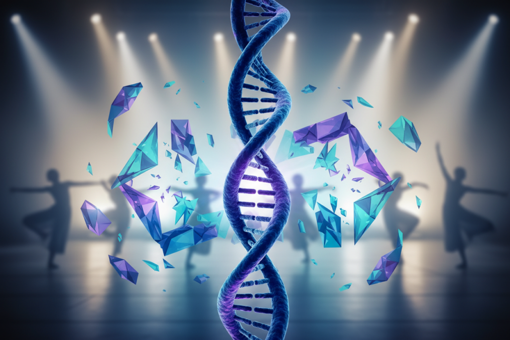 A dynamic and visually striking representation of DNA, prominently displayed in the foreground. The double helix structure is intricately entwined, showcasing vibrant colors such as deep blues and electric purples, reflecting energy and life. In the middle ground, geometric patterns and shapes subtly echo the symmetry and precision of DNA, creating a sense of rhythm and synchronization. The background features a soft-focus stage illuminated with ethereal lighting, casting a glow that complements the DNA structure. The atmosphere is one of creativity and artistry, suggesting a connection to performance and movement. Capture this scene using a wide-angle lens to emphasize depth, with a slightly elevated angle to draw the viewer into the dynamic essence of DNA and its parallel to choreography.