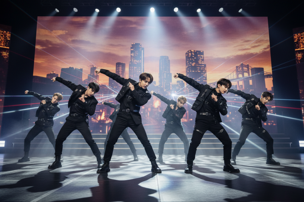 A dynamic dance performance scene from BTS's "ON," featuring the group in vibrant and powerful choreography. In the foreground, the seven members are captured mid-motion, showcasing their energetic dance moves, wearing stylish black and military-inspired outfits that radiate strength. The middle ground highlights a dramatic stage with bold lighting effects, emphasizing the intensity and passion of the performance, while a backdrop of an urban skyline adds to the atmosphere of empowerment and resilience. The lighting is dramatic, with sharp contrasts between shadows and bright spotlights, creating a sense of urgency and excitement. The overall mood is exhilarating and inspiring, conveying the feeling of a high-stakes performance filled with determination and artistry.