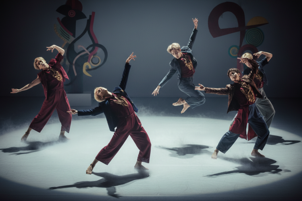 A dynamic dance scene featuring a group of five dancers in elegant, coordinated movement, embodying the essence of "Blood Sweat & Tears." The foreground showcases their expressive body language, showcasing powerful poses that highlight both grace and strength. Each dancer is dressed in stylish, modern attire with rich, deep colors that enhance their powerful presence. The middle ground reveals a softly illuminated stage, with atmospheric lighting casting dramatic shadows that accentuate the curves of their silhouettes. In the background, abstract art pieces mirror the intricate choreography, creating a sense of depth. The overall mood is intense and passionate, conveying a blend of sensuality and artistry, with a focus on visual impact. The scene is captured from a slightly elevated angle to enhance the narrative of their movement, evoking a powerful connection with the audience.