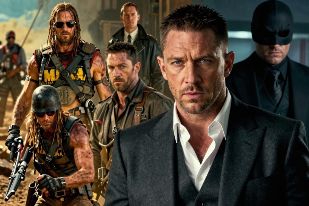 A dynamic montage showcasing the versatility of Tom Hardy in various iconic film roles that highlight his range as an actor. In the foreground, feature a close-up of Hardy in a dramatic pose, dressed in a tailored suit reminiscent of "Inception," with piercing eyes conveying intensity. In the middle ground, include scenes depicting Hardy as a rugged warrior from "Mad Max: Fury Road," juxtaposed with his portrayal of a masked villain from "The Dark Knight Rises." The background should be a subtle blend of film sets, hinting at genres such as action, drama, and thriller, with soft-focus lighting creating a cinematic atmosphere. The overall mood should capture a sense of intrigue and adaptability, emphasizing Hardy's reputation as Hollywood's most unconventional leading man. Use a wide-angle lens to enhance depth and perspective.