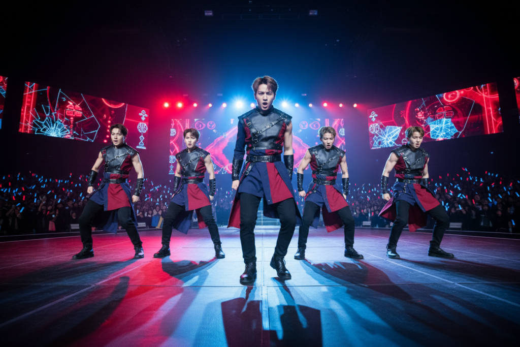 A dynamic performance scene capturing the essence of "ON" by BTS, showcasing a group of five dancers in powerful poses, wearing stylish, coordinated outfits reflecting the concept of strength and unity. The dancers are in the foreground, emphasizing their movements, with strong expressions and precise footwork symbolizing war-like determination. The middle ground features dramatic stage lighting in shades of red and blue, creating a sense of intensity and excitement. The background includes a blurred view of a cheering audience and towering screens displaying vibrant visuals, enhancing the energy of the performance. The overall mood is electrifying and empowering, with sharp shadows highlighting the dancers' muscular forms and fluidity. Use a low angle to amplify the grandeur and stature of the performers. The scene should be visually compelling without any text or distractions.