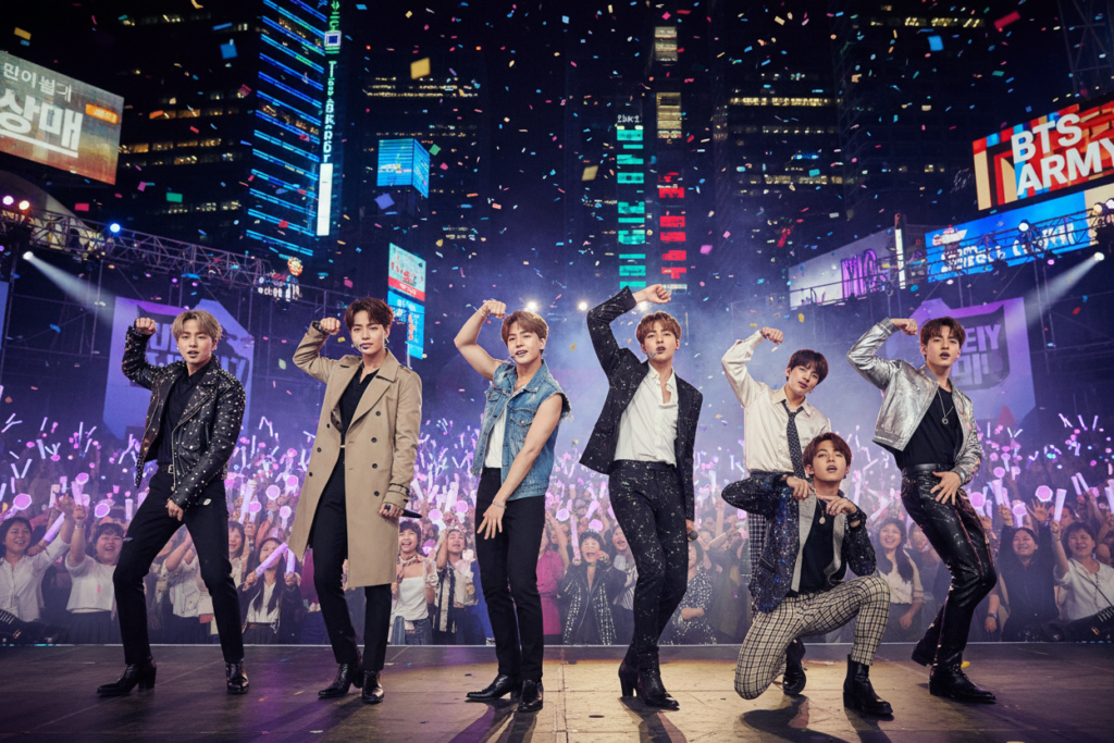 A dynamic scene capturing BTS members performing iconic dance moves from their legendary choreographies, set against a vibrant urban backdrop. In the foreground, the group showcases their synchronized movements, dressed in stylish, modern outfits that reflect their unique personalities. The middle ground features a diverse crowd of enthusiastic fans, waving light sticks and cheering, embodying the energy of their performances. In the background, colorful city lights and banners create a lively atmosphere, enhancing the excitement of the scene. The lighting is bright and vivid, resembling a concert stage, illuminating the dancers and creating a celebratory mood. The composition should have a slight low-angle perspective, adding to the grandeur and intensity of the performance moment.