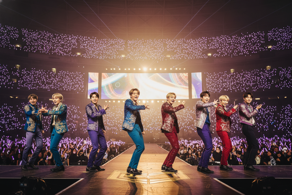 A dynamic scene capturing the essence of BTS's iconic choreographies, showcasing seven members in mid-performance, surrounded by a vibrant stage setting. Foreground features the dancers in stylish, colorful outfits, executing precise, synchronized movements that radiate energy and passion. In the middle, a crowd of diverse fans wave light sticks, creating an electric atmosphere that reflects their excitement. The background reveals a dazzling array of stage lights, illuminating the performers with a soft glow, highlighting their expressions of joy and intensity. The angle is low, giving an impressive view of the stage while maintaining focus on the dancers. The mood is celebratory and uplifting, encapsulating the global impact of their performances, shot in a high-definition resolution to enhance vivid colors and intricate details.