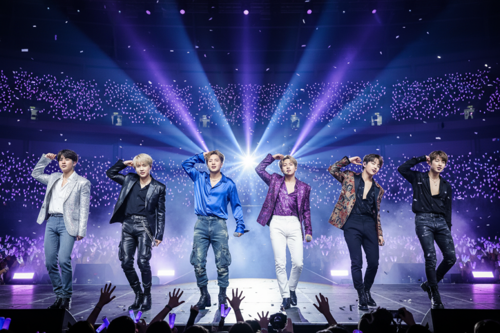 A dynamic scene featuring the seven members of BTS performing their iconic choreographies that captivated audiences worldwide. In the foreground, each member is striking a powerful dance pose, showcasing their unique style and individual charm, dressed in stylish, modern outfits that reflect their personalities. The middle ground is filled with vibrant stage lights casting colors of blue, purple, and pink, creating an electrifying atmosphere. The background includes a cheering crowd with fans holding light sticks, enhancing the sense of energy and excitement. Capture the intensity of their performance under spotlights with slight motion blur to emphasize their fluid movements. Aim for a dramatic angle that showcases both the performers and their connection with the audience, evoking a sense of unity and passion for music. The overall mood should be celebratory and inspiring.