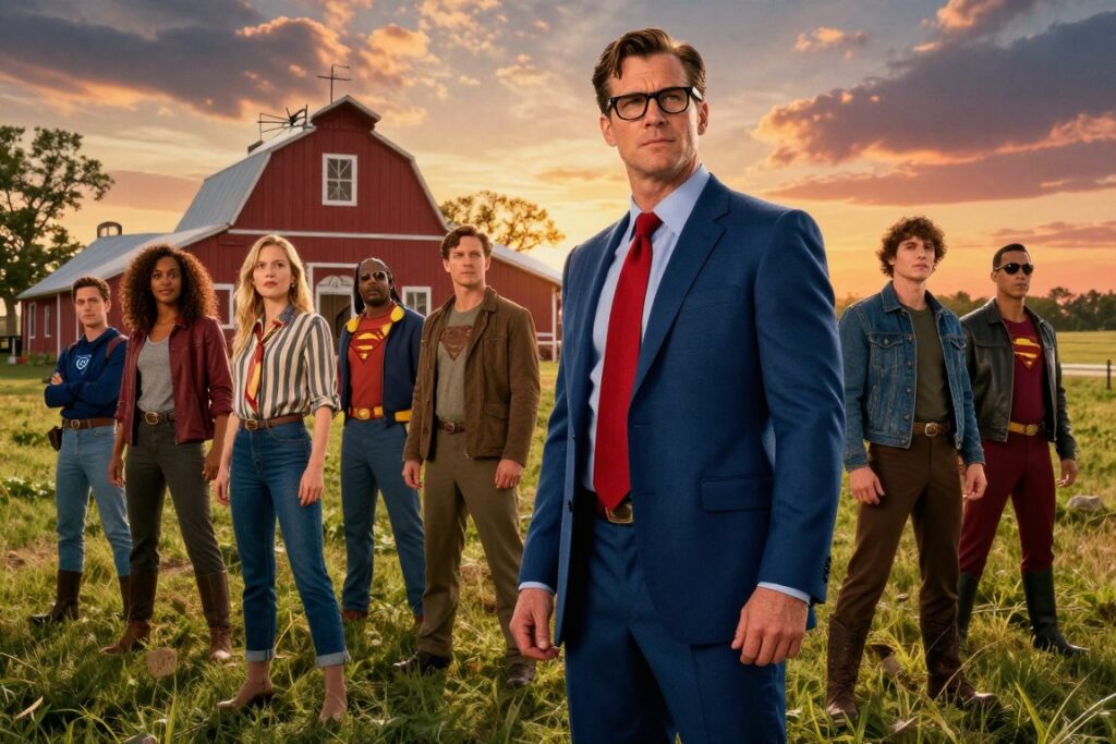 A dynamic scene from the "Smallville" universe featuring iconic superheroes in a rural Kansas setting, showcasing a blend of nostalgia and modernity. In the foreground, a heroic figure resembling an adult Clark Kent (Tom Welling) stands confidently, wearing a classic blue suit and red tie, with his signature glasses. The middle layer includes an array of Justice League members in civilian attire, displaying camaraderie, while iconic Smallville landmarks, like the Kent Farm, rise majestically in the background. The sky is a dramatic mix of sunset hues, casting warm glows across the scene. The lighting is soft yet impactful, enhancing the characters' expressions. The atmosphere conveys hope and legacy, reflecting the enduring presence of Smallville in the current superhero landscape. The angle captures a wide view, immersing the viewer in this rich narrative tapestry.