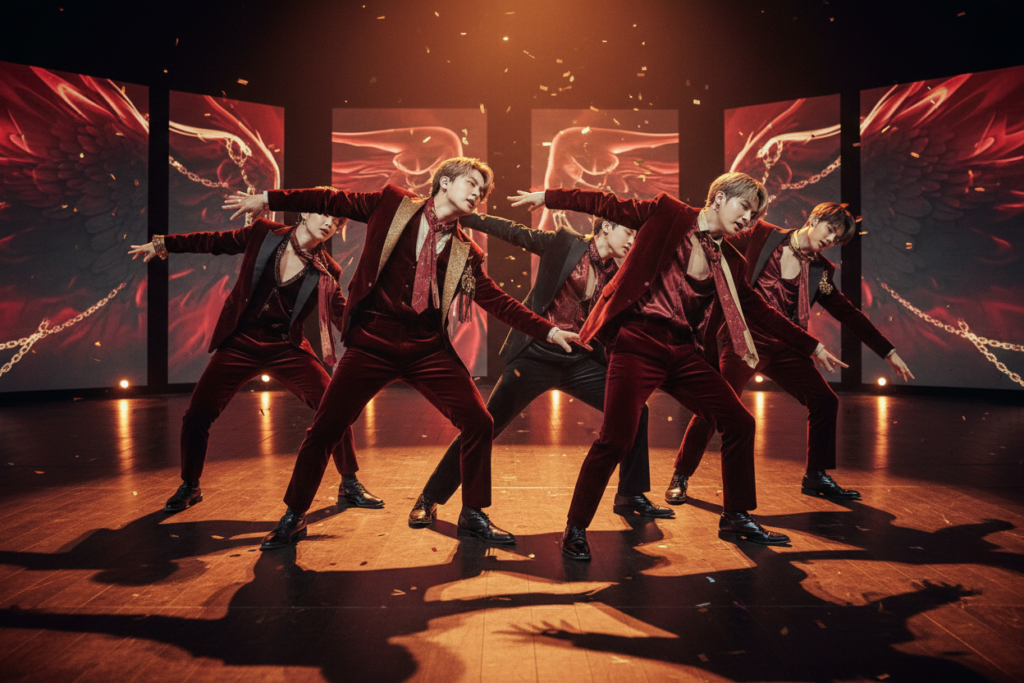 A dynamic scene inspired by "Blood Sweat & Tears," showcasing BTS members in an elegant performance. The foreground features five male dancers, dressed in sophisticated suits, performing intricate choreography that highlights their athleticism and grace. Their expressions reflect intense focus and passion. The middle ground includes dramatic lighting that casts shadows, enhancing the mood of sensuality and elegance. In the background, a minimalist stage design with abstract visuals pulsates softly, contributing to the overall impact visual. The color palette blends deep reds and soft golds, creating a sense of luxury and intensity. Capture the essence of this legendary performance, emphasizing movement and emotion from a slightly elevated angle to immerse viewers in the scene.