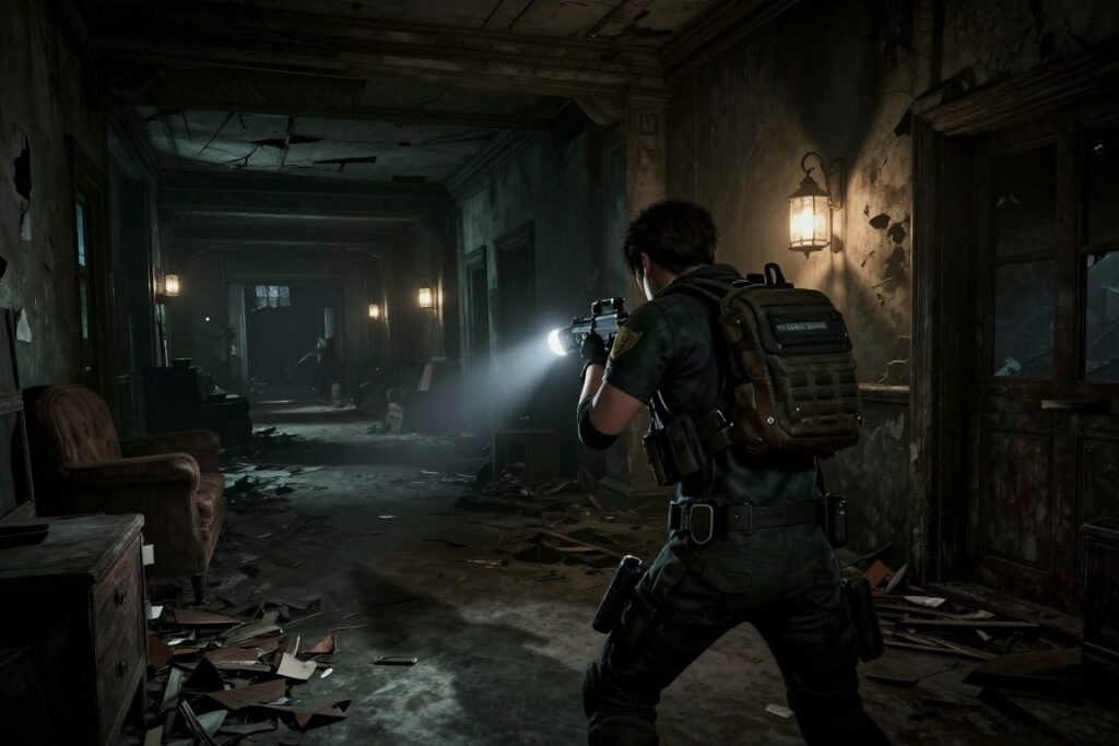 A dynamic scene showcasing a character in a modern, tense gameplay moment inspired by the Resident Evil franchise. In the foreground, a skilled character dressed in a tactical outfit, equipped with a flashlight and a weapon, is poised to explore a dimly lit, abandoned building filled with eerie shadows. In the middle ground, intricate details reveal broken furniture and ominous, flickering lights, hinting at lurking dangers. In the background, a dark hallway fades into uncertainty, creating an atmosphere of suspense and anticipation. The lighting is stark and high-contrast, casting deep shadows to enhance the feeling of dread. An over-the-shoulder angle captures the character's focus, immersing viewers in the gameplay experience while hinting at innovative mechanics. The overall mood is tense, thrilling, and visually captivating, embodying the essence of survival horror.