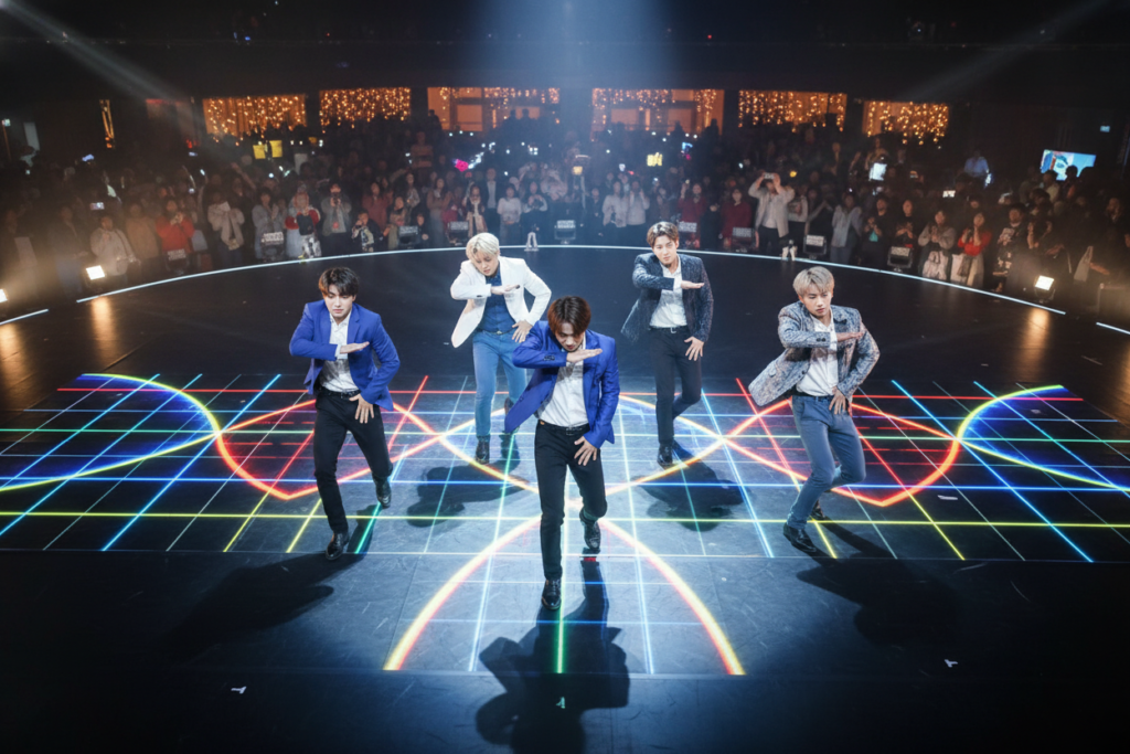 A dynamic stage performance inspired by BTS's "DNA" choreography, showcasing a vibrant, synchronized dance routine performed by five dancers in professional casual attire. In the foreground, the dancers are captured in sharp focus, executing a fluid, spiraling movement that conveys energy and unity. The middle ground features bold, colorful lighting that highlights geometric patterns on the stage floor, symbolizing the DNA motif. In the background, an audience is blurred to emphasize the dancers, with soft, ambient light creating a lively atmosphere. The composition conveys excitement and precision, with an overhead angle that accentuates the choreography’s intricate formations. The overall mood is celebratory and energetic, reflecting the essence of BTS's performance.