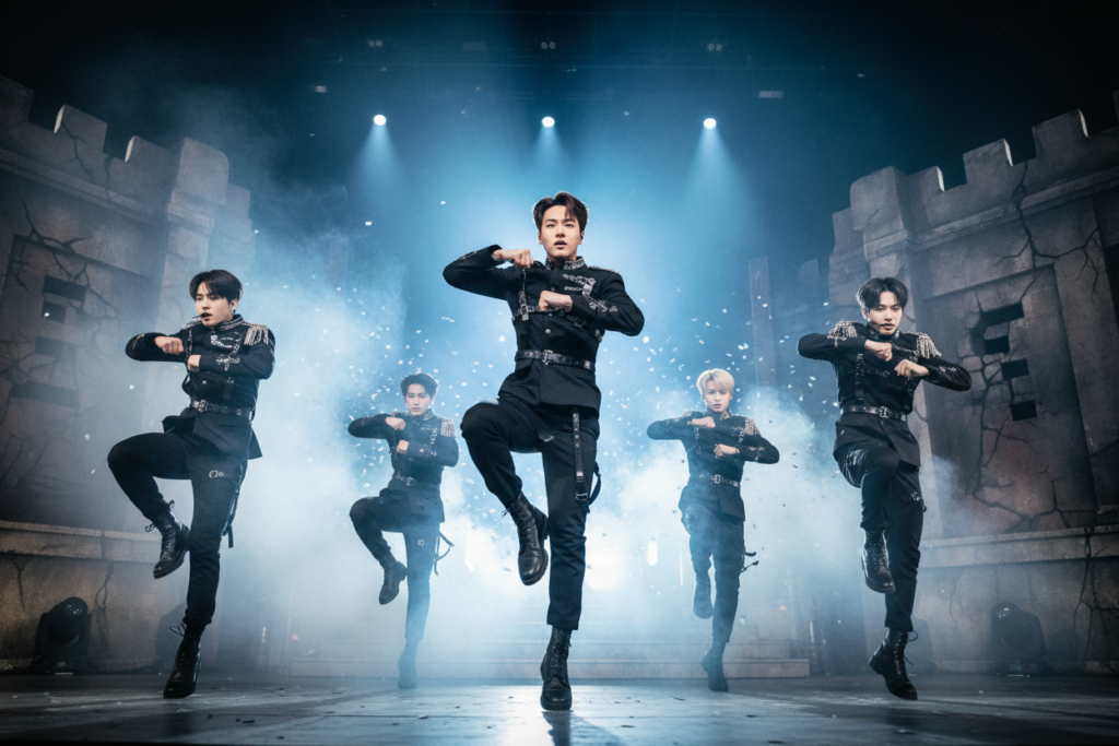 A dynamic stage scene from BTS's "ON" performance, capturing a group of five dancers at the forefront, showcasing powerful dance moves in synchronized formation. Each dancer is dressed in sleek, modern attire blending military-inspired jackets with contemporary style, embodying strength and unity. The middle section of the image features dramatic lighting, with bright spotlights illuminating the dancers against a backdrop of imposing, stylized set pieces that resemble a war environment. The atmosphere is intense and energetic, enhanced by smoke effects and subtle mist that evoke a sense of urgency. The camera angle is slightly low, emphasizing the dancers’ powerful stances and movements, creating a sense of grandeur and impact, reminiscent of a high-energy concert performance.
