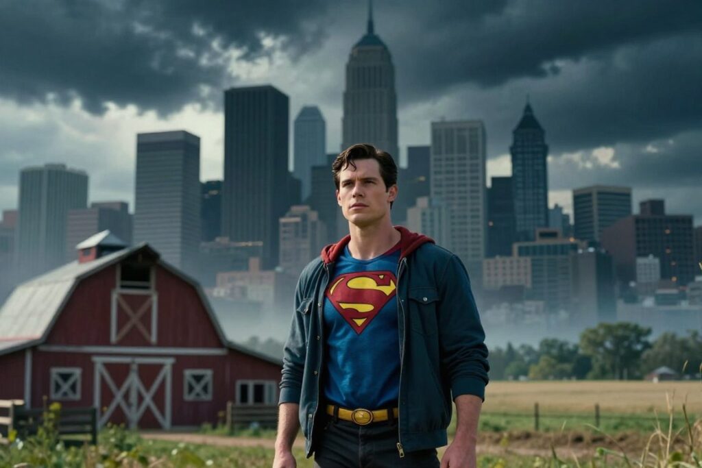 A dynamic tableau showcasing the essence of "Smallville" contrasting with modern Superman film adaptations. In the foreground, a young, determined Clark Kent stands, wearing a casual but sharp outfit, embodying hope and resilience. His expression is thoughtful yet fierce, symbolizing the origin story. Behind him, iconic elements from Smallville, like a rustic barn and fields, blur softly. In the middle ground, a shadowy, imposing cityscape reflects the darker tone of contemporary Superman films, with skyscrapers and dramatic lighting casting sharp contrasts. The background features a stormy sky, hinting at inner conflict and duality. Use vibrant yet moody lighting to enhance the emotional atmosphere, capturing the nostalgia of Smallville versus the edginess of modern cinema, shot with a wide-angle lens for a cinematic feel.