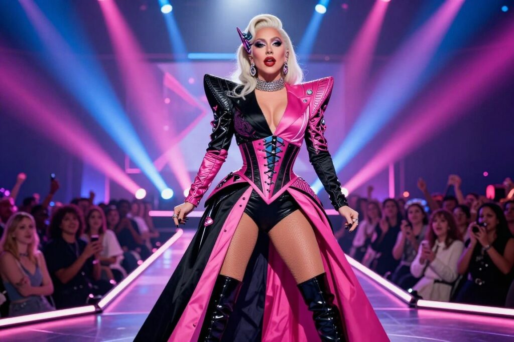 A futuristic and glamorous depiction of Lady Gaga in 2026, showcasing her performing on stage. In the foreground, Lady Gaga is wearing a stunning, high-fashion outfit inspired by "The Devil Wears Prada 2," featuring bold colors and intricate textures, reflecting a perfect blend of contemporary chic and theatrical flair. She stands in a dynamic pose, exuding charisma and energy, with her hair styled in a striking way, adorned with futuristic accessories. In the middle ground, a dazzling stage with vibrant lights in shades of pink and blue creates an electrifying ambiance. The background is filled with an enthusiastic audience, captivating the mood of excitement and anticipation. The lighting is dramatic and focused on Lady Gaga, enhancing her presence, while the overall atmosphere conveys a sense of modern glamour and creativity in the world of pop culture.