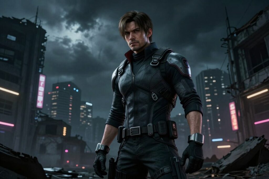 A futuristic scene featuring Leon Kennedy from Resident Evil, strategically positioned in the foreground. He is dressed in a sleek, modernized tactical suit blending elements of his classic design with advanced tech features. Leon's expression is one of determination, reflecting his role as a resilient hero. In the middle ground, dimly lit urban ruins hint at a post-apocalyptic world, with shadows cast by crumbling buildings and flickering neon lights creating an ominous atmosphere. In the background, a dark, stormy sky looms over the city skyline, emphasizing the uncertainty of the future he faces. The lighting is moody, with a sharp focus on Leon, using a cinematic angle that adds depth to the composition, evoking intrigue and anticipation for the narrative possibilities that lie ahead.