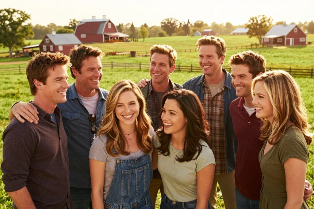A heartwarming reunion scene featuring the main cast of "Smallville" in a picturesque, sunlit setting that evokes a sense of nostalgia. In the foreground, the beloved characters are gathered in a close-knit group, smiling and sharing warm expressions of friendship. They are dressed in comfortable yet stylish casual clothing, embodying the spirit of the show. The middle ground showcases the iconic Smallville landscape with lush green fields and the familiar farmhouses in the background, bathed in golden hour light. The camera angle is slightly elevated, capturing the group's joyful camaraderie, with soft bokeh effects enhancing the warmth of the scene. The overall atmosphere is inviting and cheerful, reflecting the show's themes of family and community.