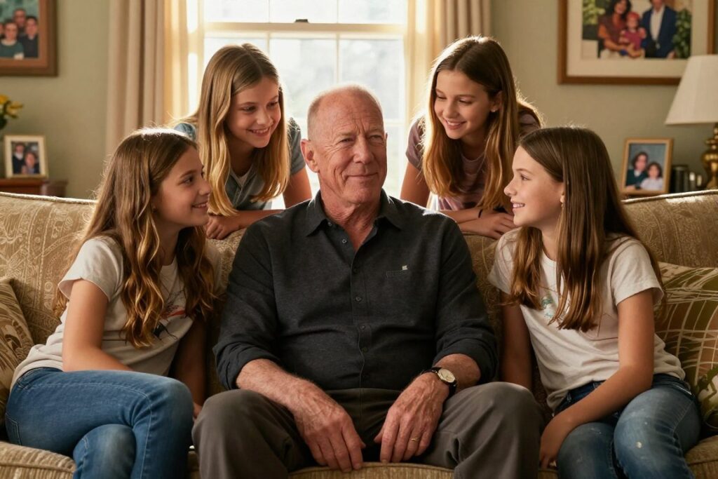 A heartwarming scene of Bruce Willis in his 70s, radiating warmth and resilience, surrounded by his daughters in a cozy home setting. In the foreground, Bruce, with a gentle smile, is seated on a comfortable sofa, wearing a smart casual outfit, exuding a relaxed yet dignified demeanor. His daughters, in modest casual clothing, are leaning affectionately against him, sharing a moment of laughter. In the middle ground, soft sunlight streams through a window, casting a golden glow, enhancing the atmosphere of love and support. The background features family photos and artwork, embodying a nurturing environment. The lighting is warm and inviting, evoking a sense of togetherness and unconditional family support, capturing the essence of their bond.