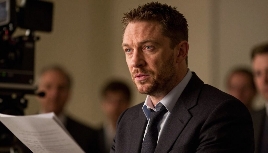 A portrait of Tom Hardy, capturing his essence as a thoughtful actor in business attire, set against a softly blurred backdrop of a film set. In the foreground, he gazes into the distance, his expression contemplative and introspective, conveying the idea of a career shift. The middle ground features subtle hints of film equipment and scripts, emphasizing his connection to cinema. The background includes warm, diffused lighting, creating a mellow and reflective atmosphere. A slight vignette enhances the focus on Hardy, and the angle is slightly low, giving him a sense of prominence and depth. Overall, the mood is pensive, reflecting the theme of career transition and change.