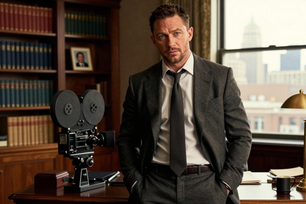 A portrait of Tom Hardy in a stylish, professional business attire, showcasing his intense gaze and rugged charm. He stands in an elegant, softly lit office environment, with bookshelves filled with classic literature and framed photographs hinting at his career. In the foreground, he looks contemplative, hands in pockets, exuding confidence and charisma. The lighting is warm and inviting, casting subtle shadows that bring out his facial features. The middle ground features a wooden desk with a vintage movie camera, symbolizing his cinematic journey. In the background, the window reveals a city skyline, suggesting ambition and growth. The overall mood should be inspiring and reflective, capturing Hardy's evolution from a humble origin to a prominent Hollywood figure.