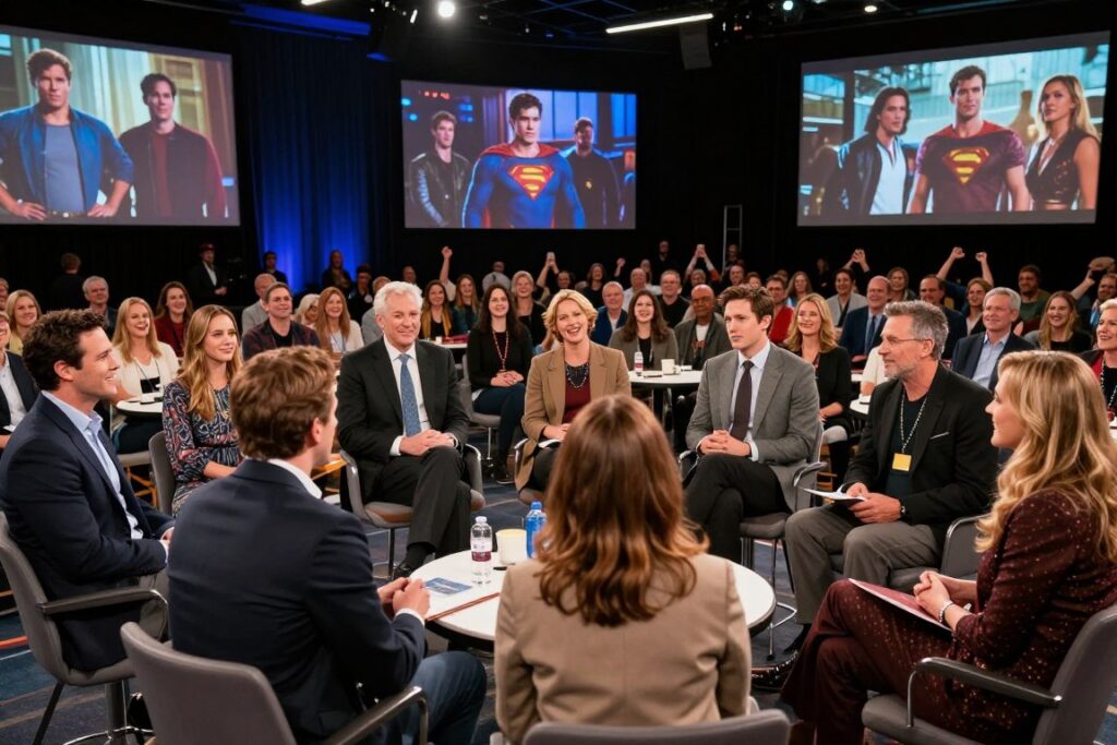A reunion of the Smallville cast at a modern streaming event, set in a sleek, vibrant conference hall. In the foreground, key cast members are engaged in a lively discussion, dressed in stylish business casual attire that conveys professionalism. The middle ground features an audience of enthusiastic fans, with smiles and excitement reflecting the enduring legacy of the show. The background showcases large screens displaying iconic Smallville moments. Utilize warm, soft lighting to create an inviting atmosphere, and use a wide-angle lens to capture the energy of the event, focusing on the connection between the cast and their audience. The overall mood is nostalgic yet forward-looking, embodying the renewed legacy of Smallville in the era of streaming.